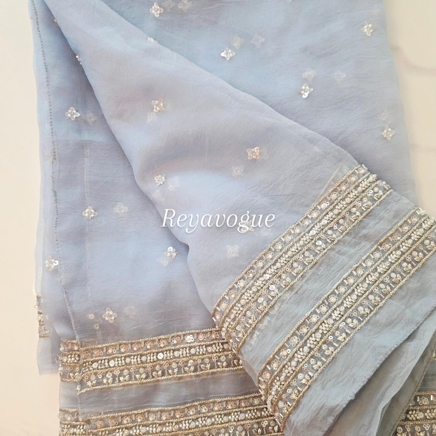 Womens Lightweight Organza Saree With Cutdana Border and Designer Blouse