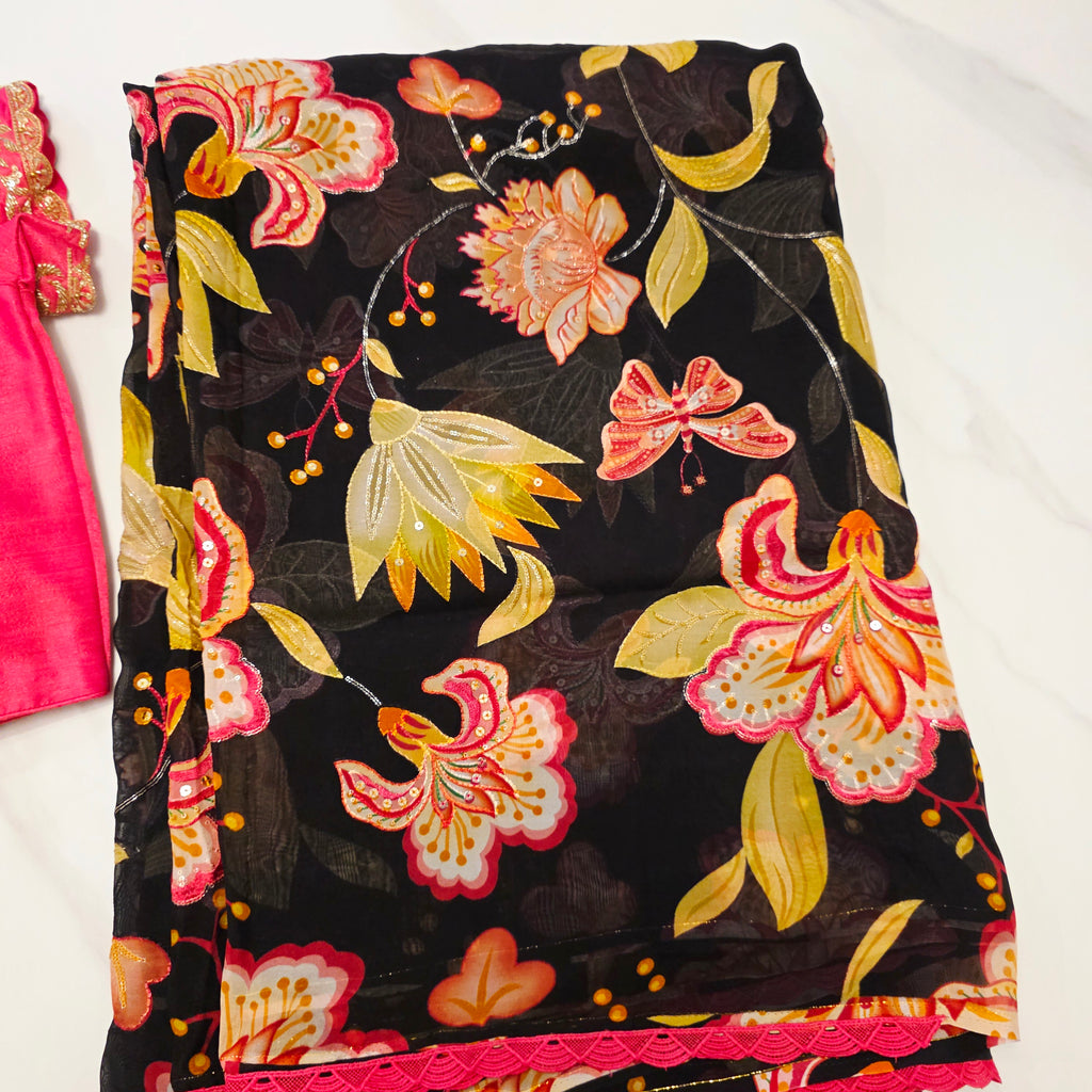 Trendy Black Floral Organza Saree With Maggam Work Blouse