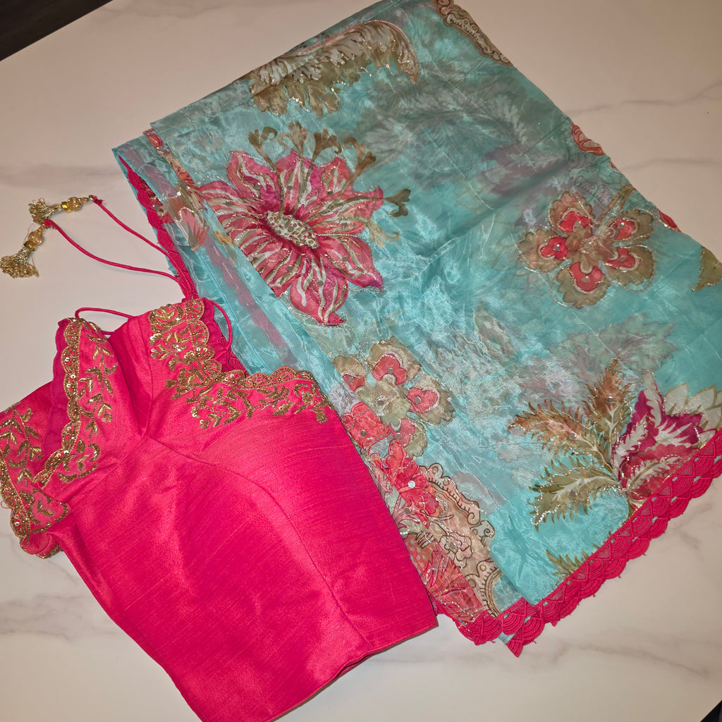 Light Blue Shiny Viscious Organza Saree paied with beautiful Maggam work Blouse