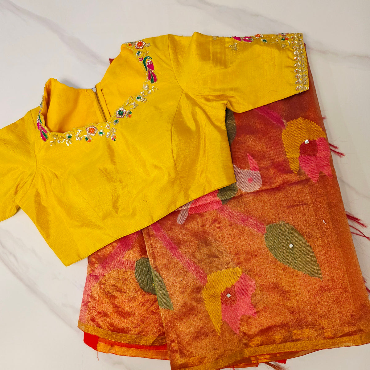 Womens Muslin Jamdani Saree with Kundan Highlights and designer blouse