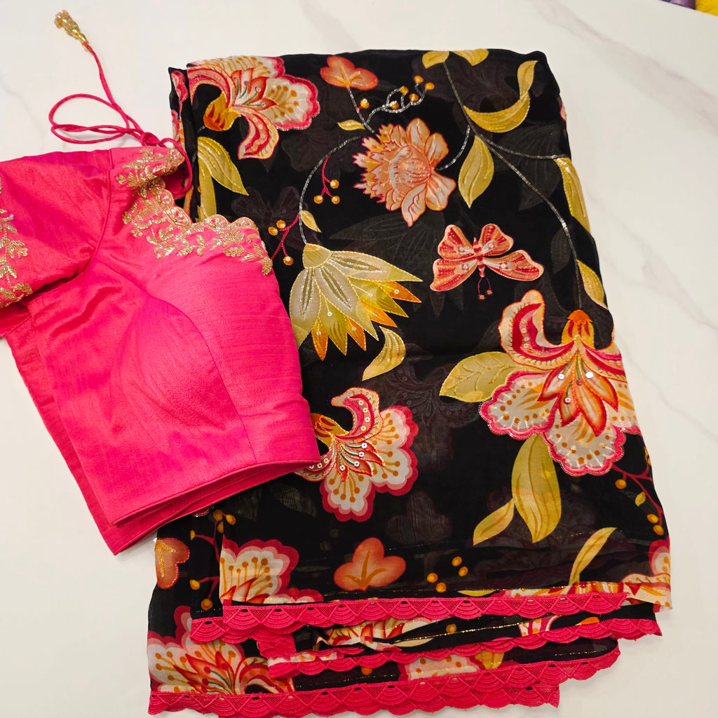 Trendy Black Floral Organza Saree With Maggam Work Blouse