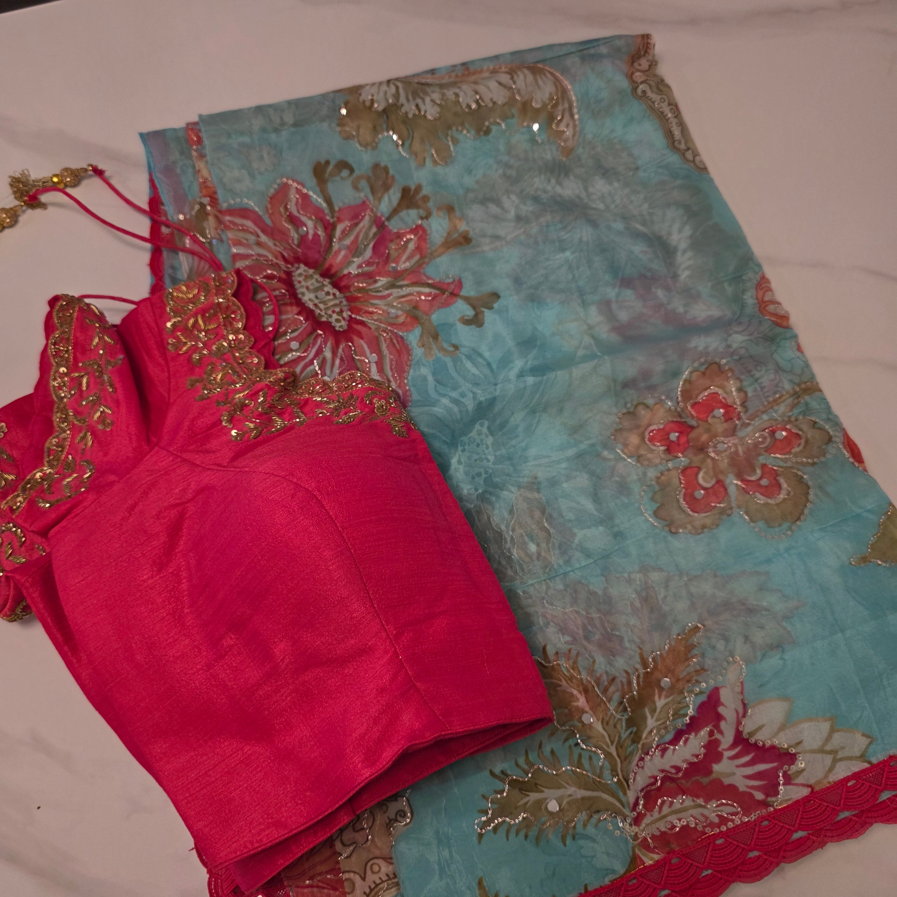 Light Blue Shiny Viscious Organza Saree paied with beautiful Maggam work Blouse