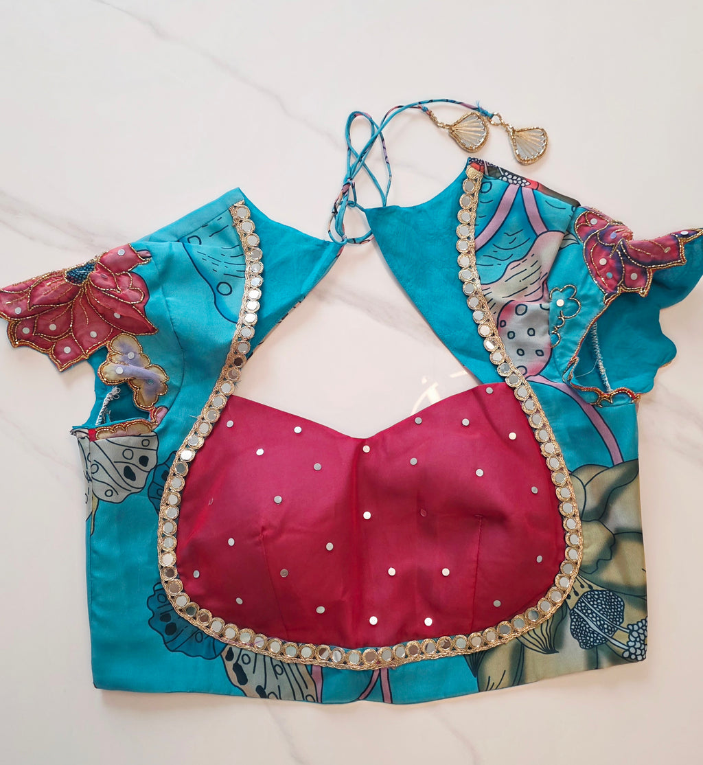 Womens Red and Blue Butterfly Kalmkari print saree and blouse