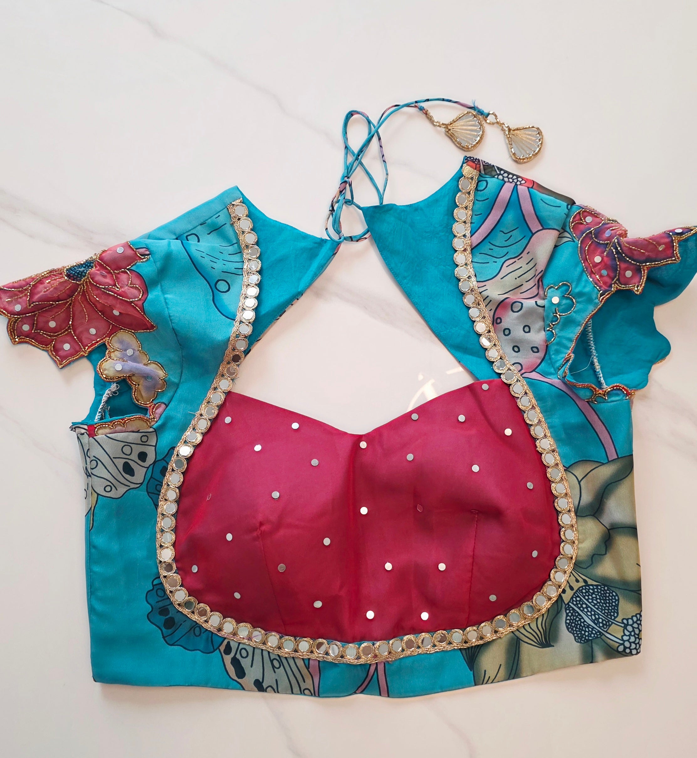 Womens Red and Blue Butterfly Kalmkari print saree and blouse