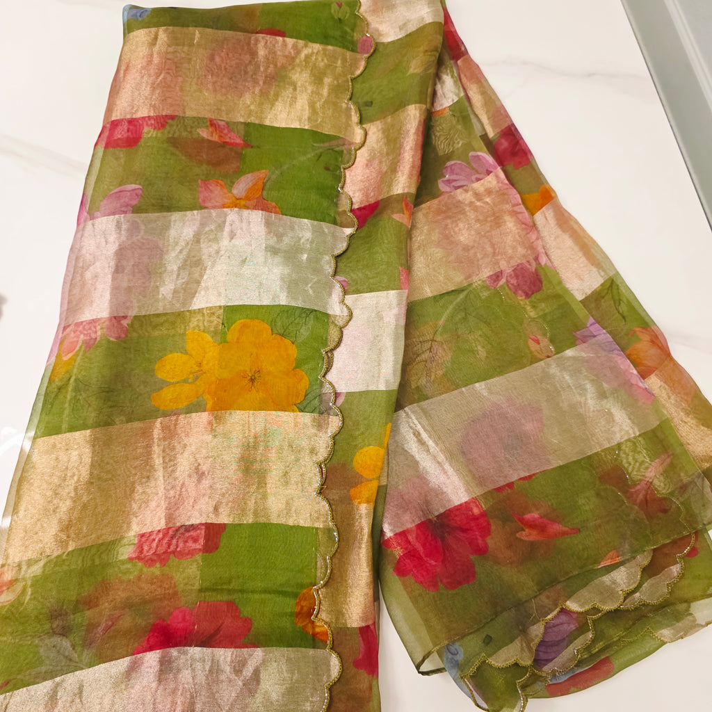 Green Stripes Premium Organza Saree with Cutwork borders paired with Tissue Rawsilk Maggam Blouse