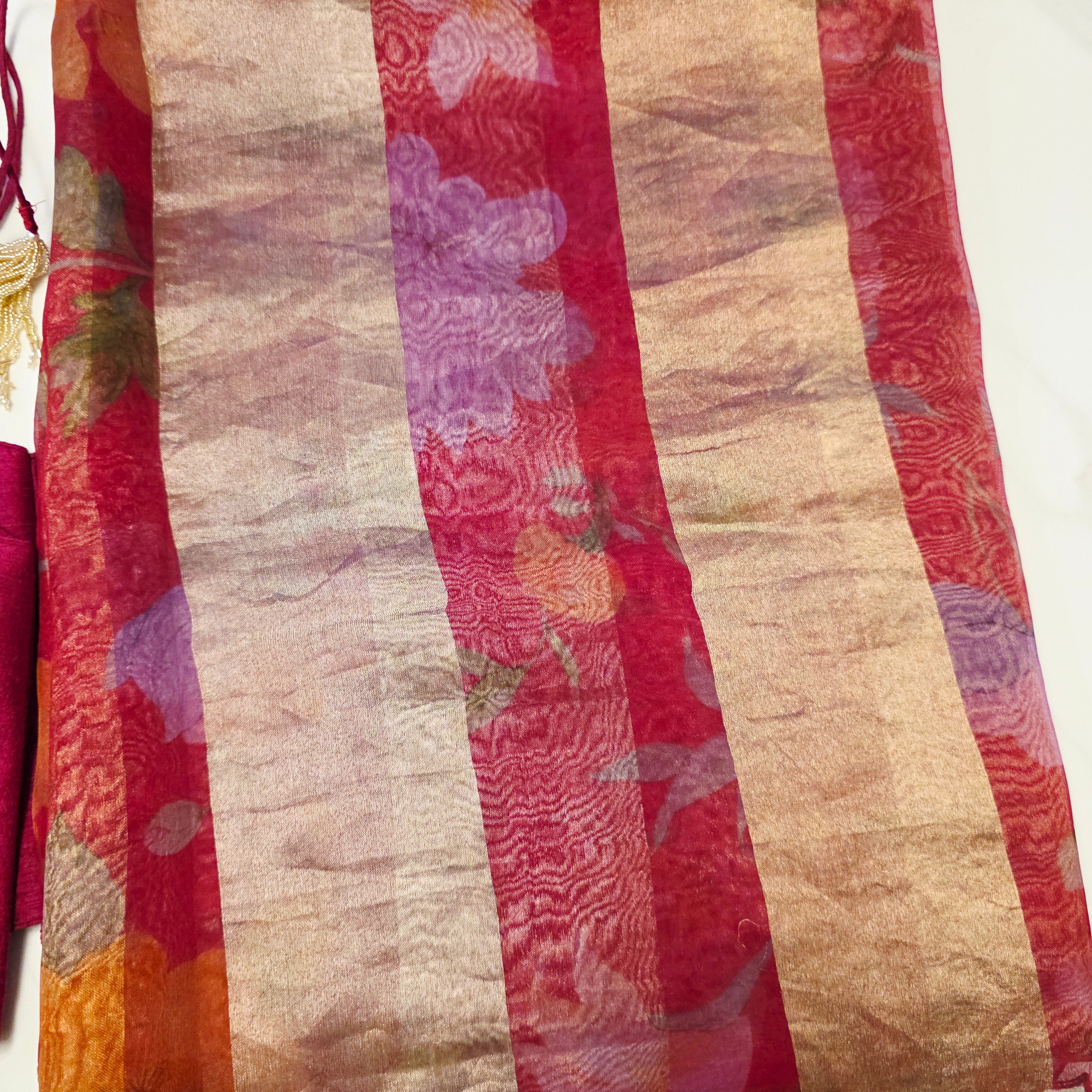 Latest Trendy Pure Organza Stripes Saree in Red Colour paired with Cute Blouse