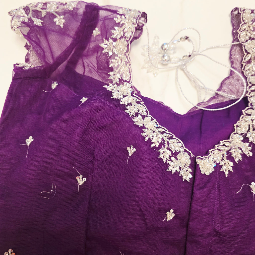 Violet Viscious Organza Stripes Saree With Leaf pattern mottifs paired with Net designer blouse