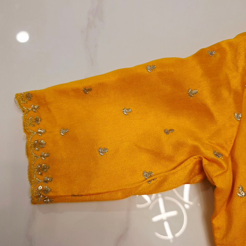 Orange Crape Silk Saree With Yellow Jacket Blouse