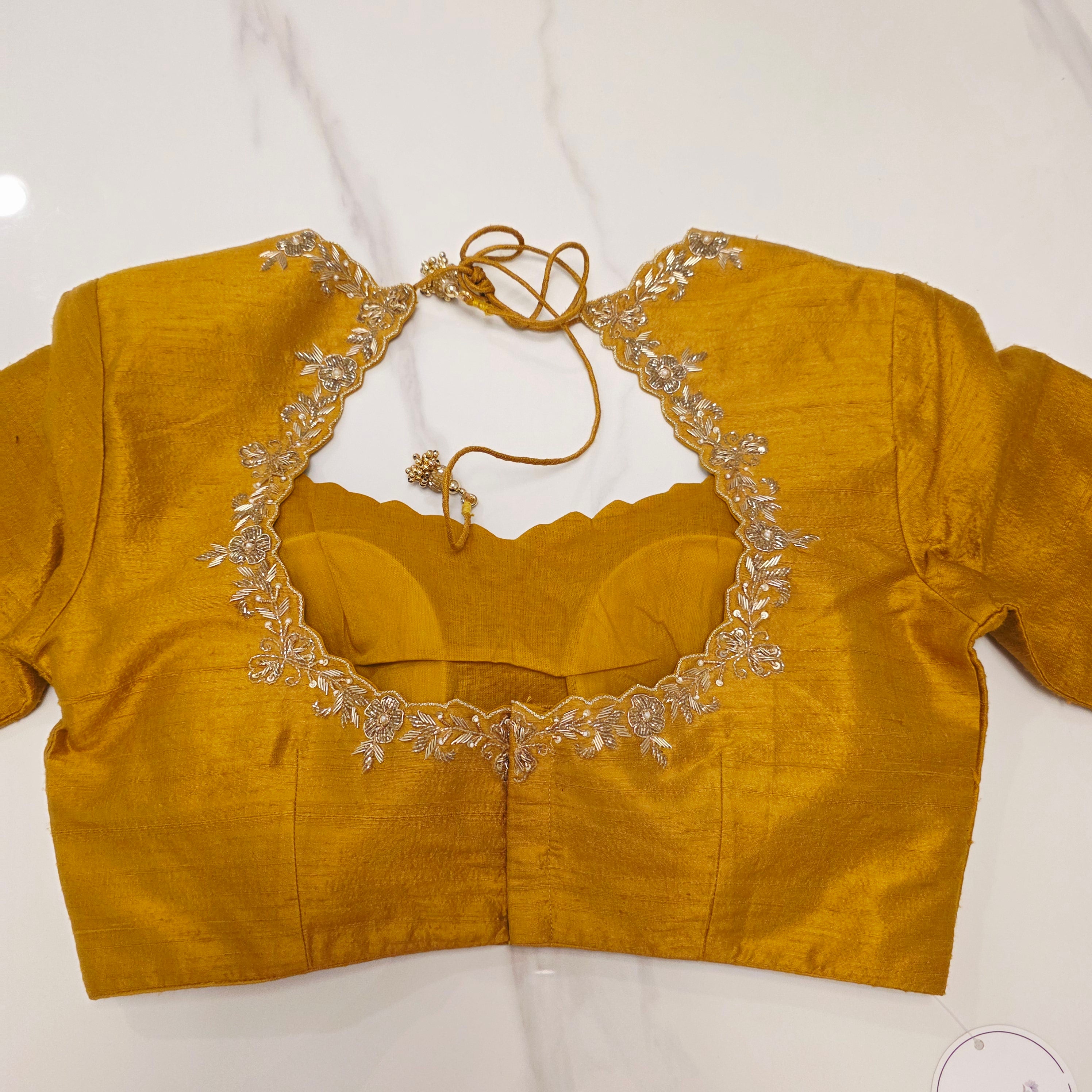 Golden Yellow Pure Tissue Saree with Saree Highlights and Rawsilk Maggam work Blouse