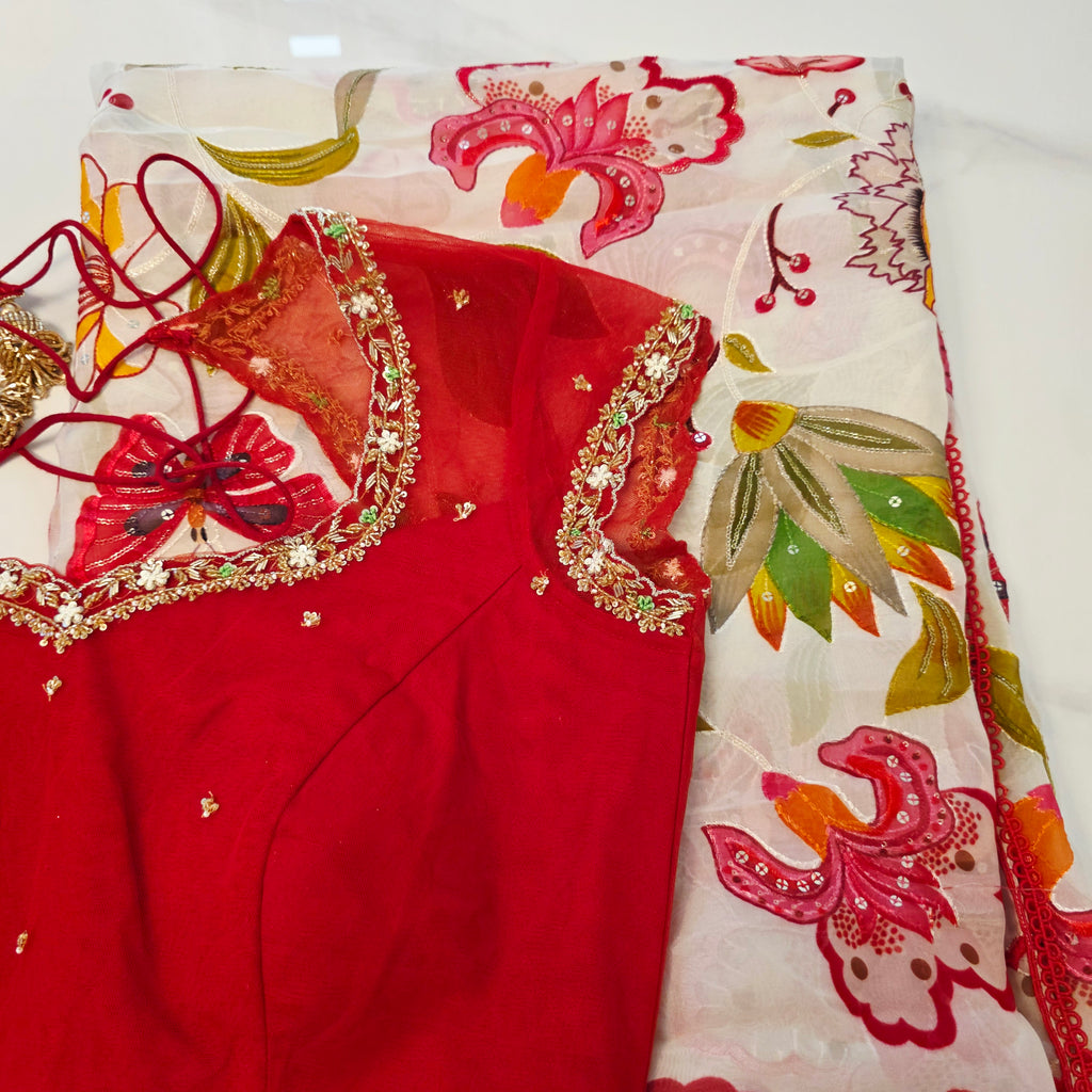 White Viscious Organza Saree with Floral pattern with Net designer Blouse