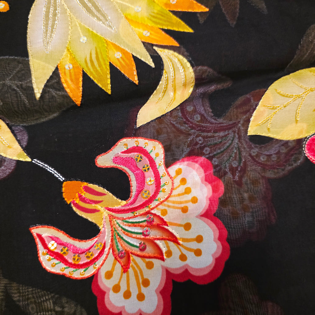 Trendy Black Floral Organza Saree With Maggam Work Blouse