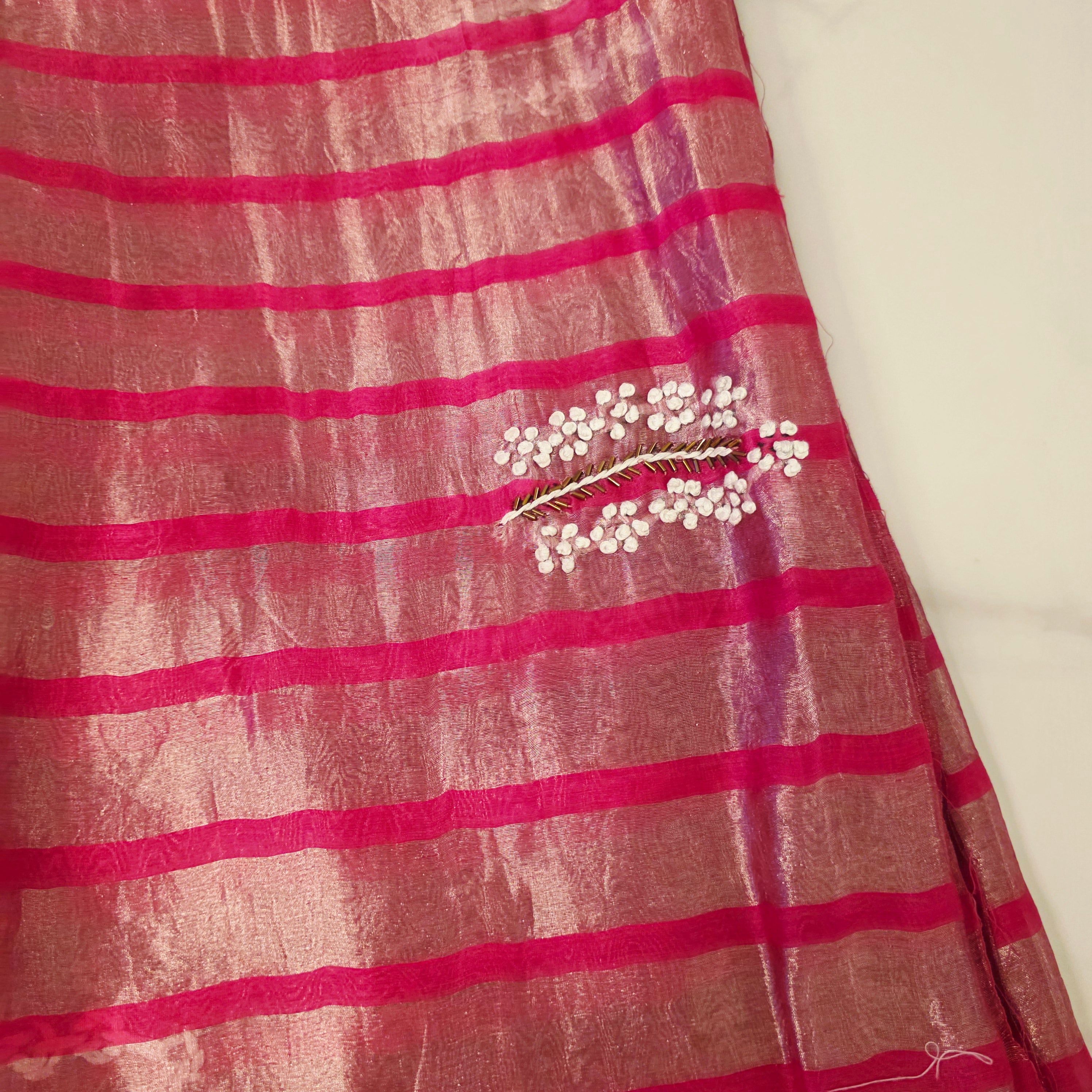 Hotpink Viscious Orgamza Stripes Saree with Net designer blouse