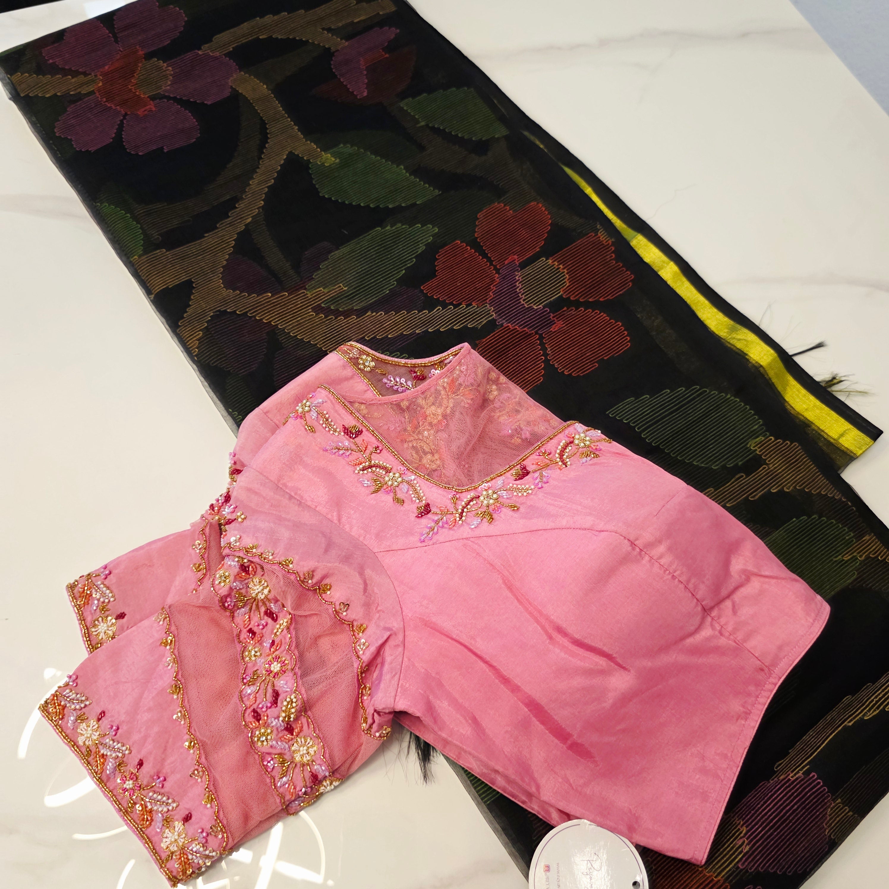 Black Muslin Jamdani Saree With Baby Pink Deaigner Blouse