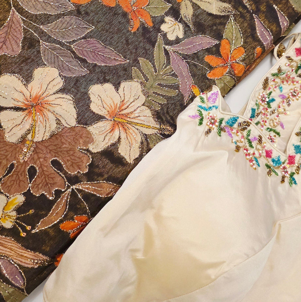 Floral Theme Black Color Tissue Georgette Saree with handwork border