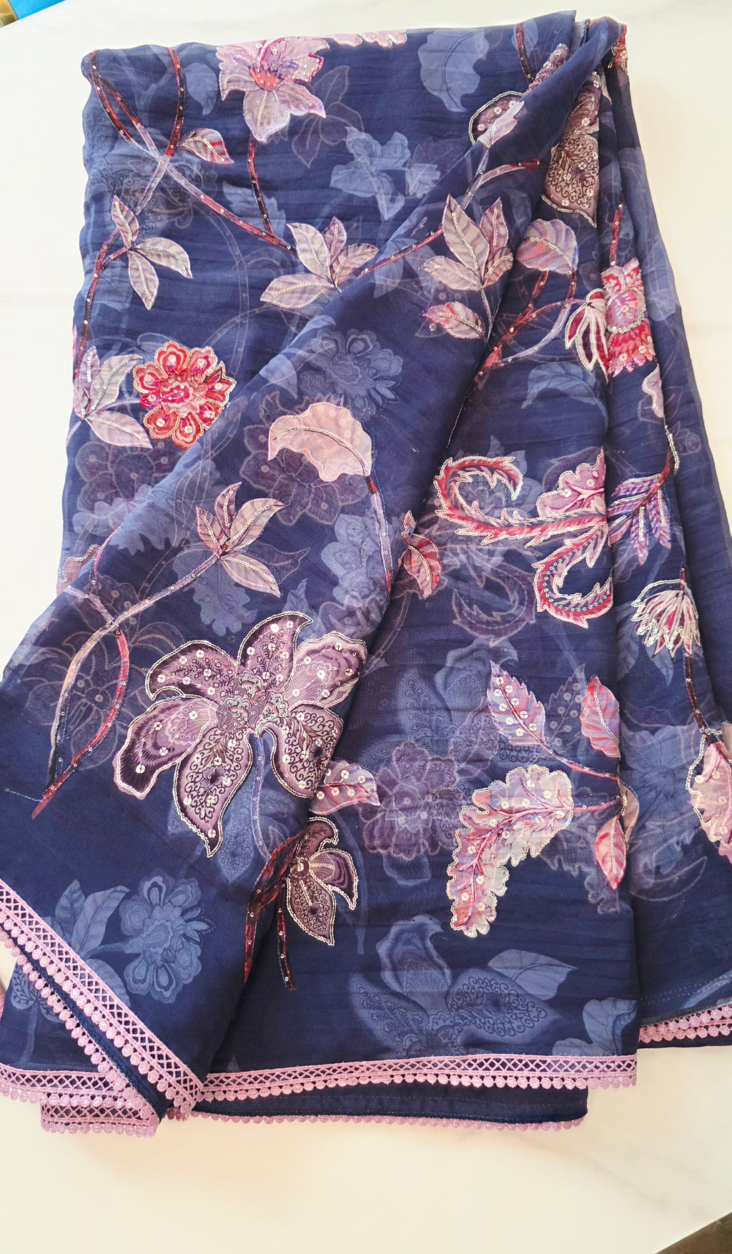 Womens Floral Viscious Organza Saree and Tissue Rawsilk Maggam work blouse