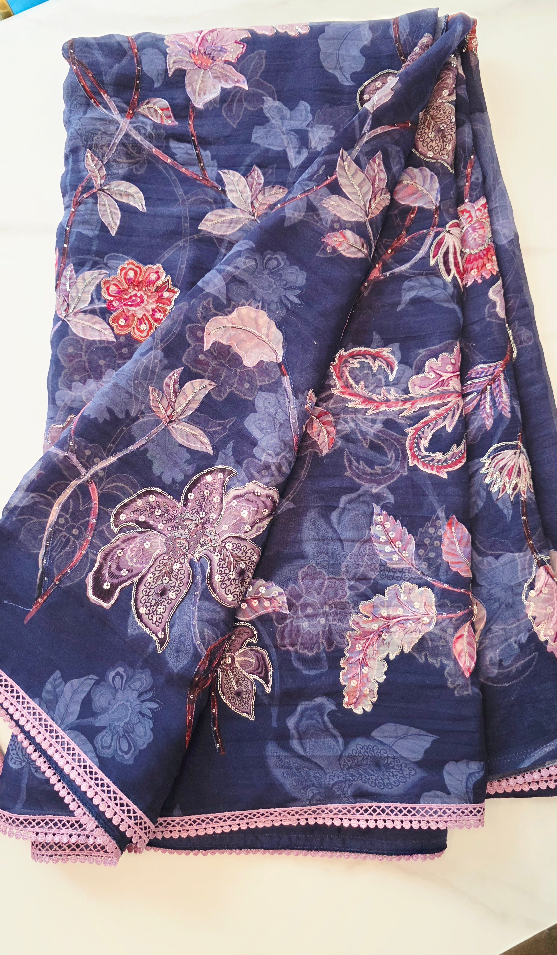 Womens Floral Viscious Organza Saree and Tissue Rawsilk Maggam work blouse