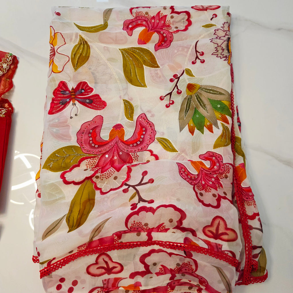 White Viscious Organza Saree with Floral pattern with Net designer Blouse