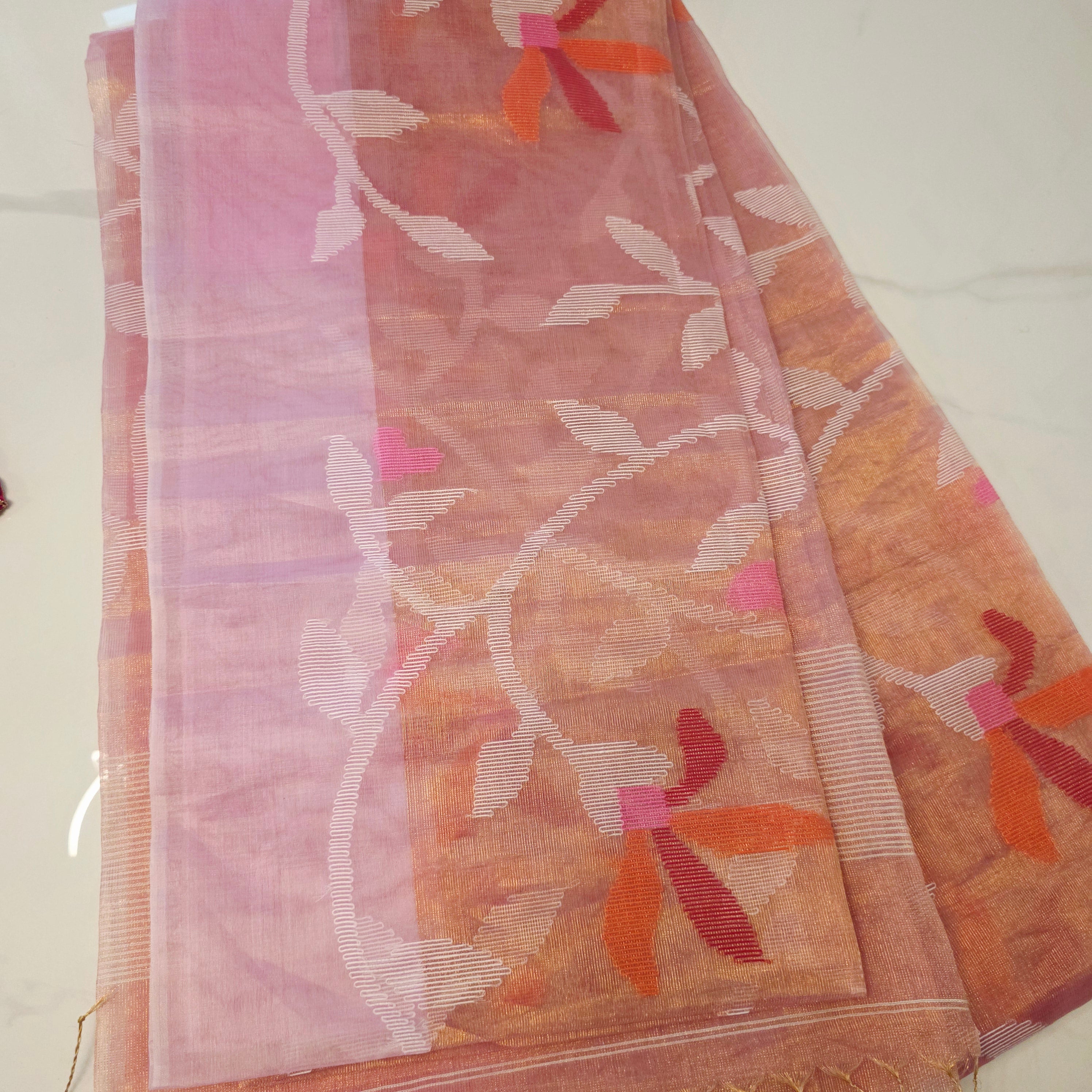 Pure Tissue Muslin Jamdani In Pink with Designer Hotpink Blouse