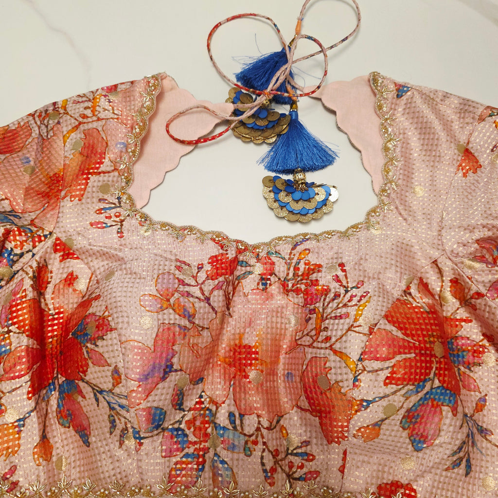 Rote Chanderi Tissue-Streifen-Saree mit geblümter Designer-Bluse