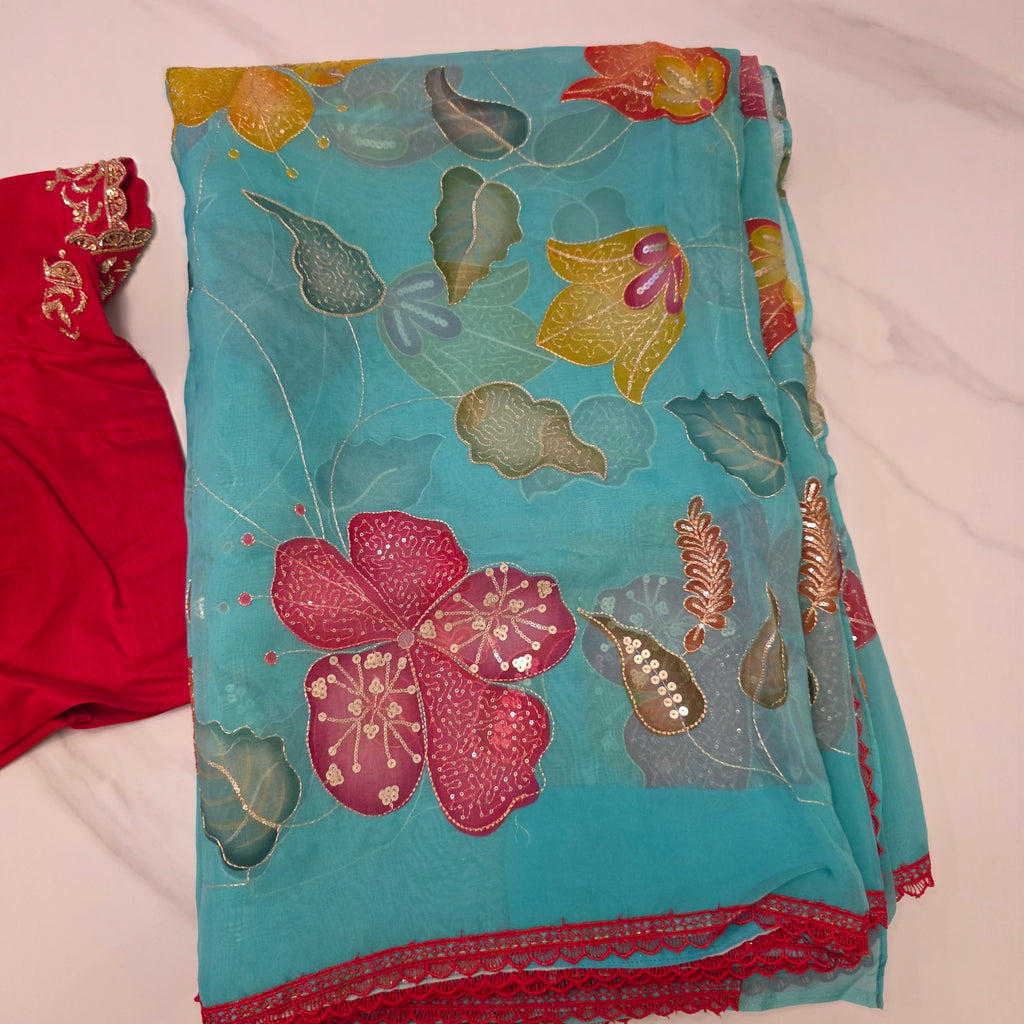 Teal Blue Oraganza Saree -Latest and Trendy with Floral Hibiscus theme paired with cute short sleeve blouse
