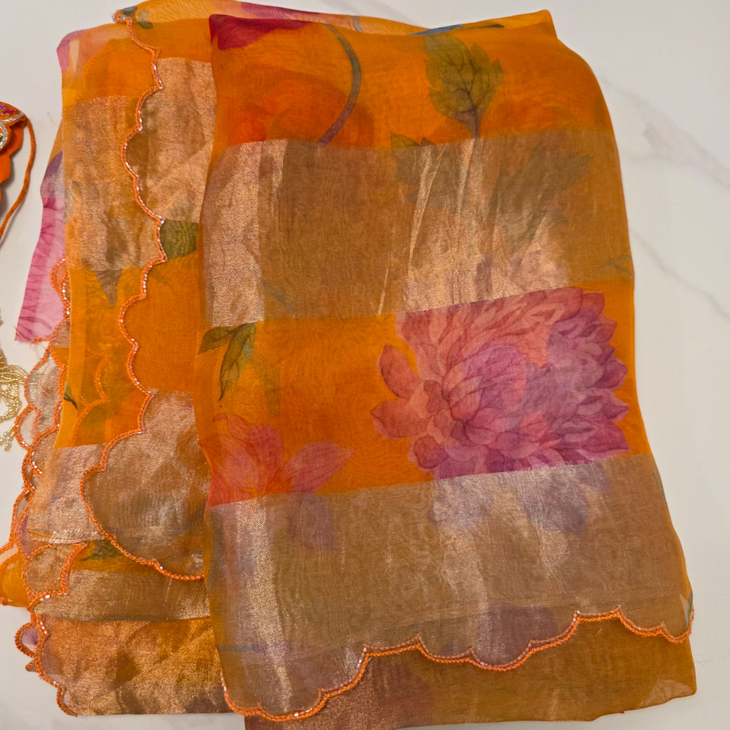 Latest Pure Organza Orange Colour Saree With Stripes with Heavy Blouse