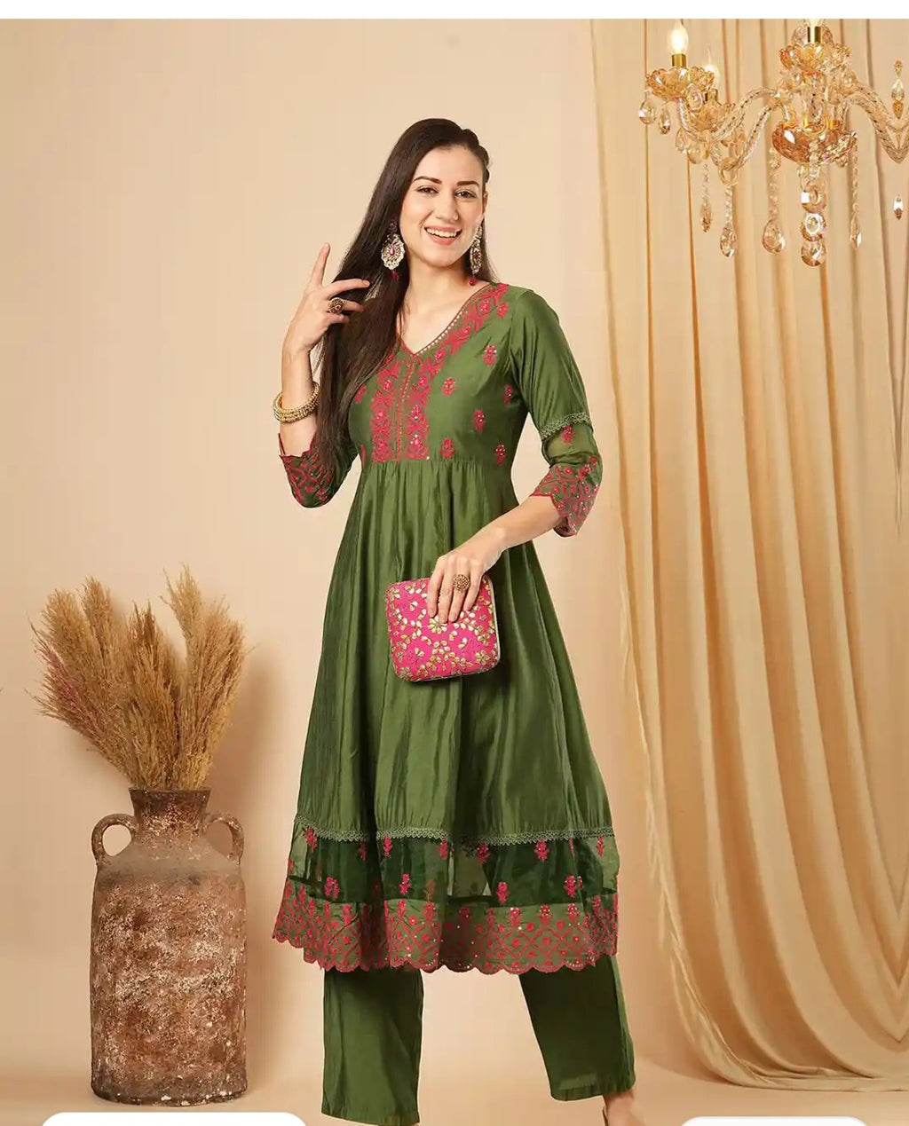 Reyavogue Women's Floral Embroided Sequin Kurta With Trousers