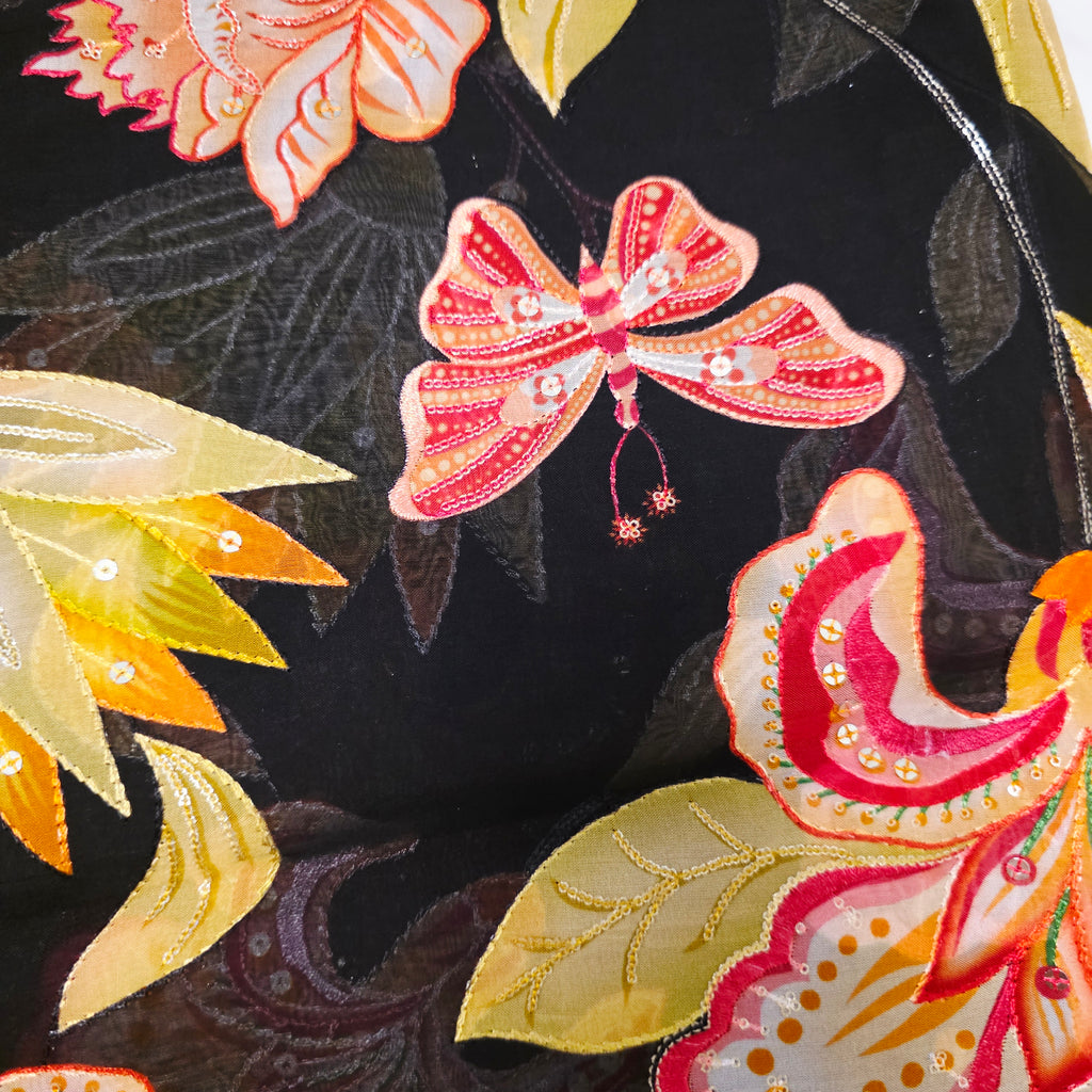 Trendy Black Floral Organza Saree With Maggam Work Blouse