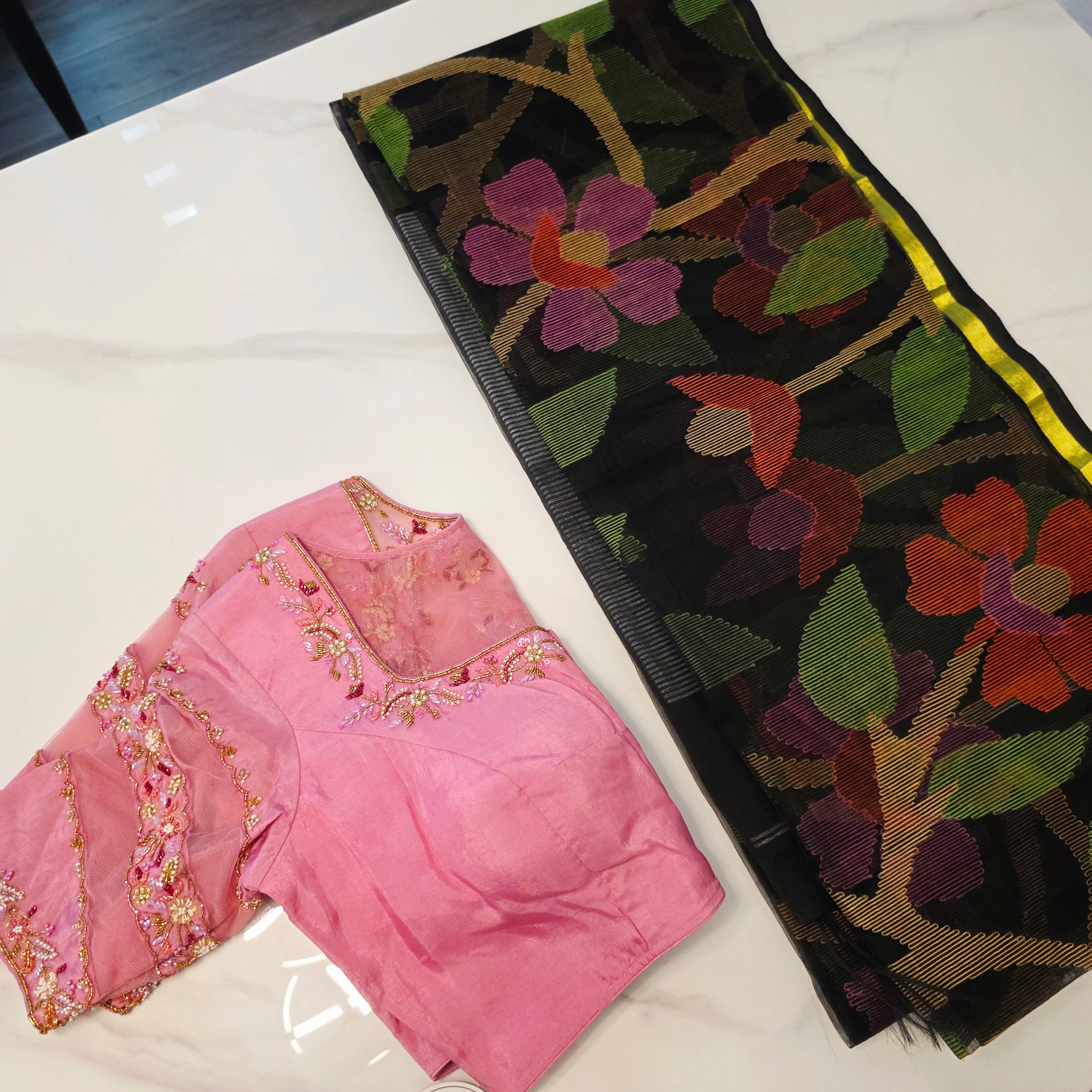 Black Muslin Jamdani Saree With Baby Pink Deaigner Blouse