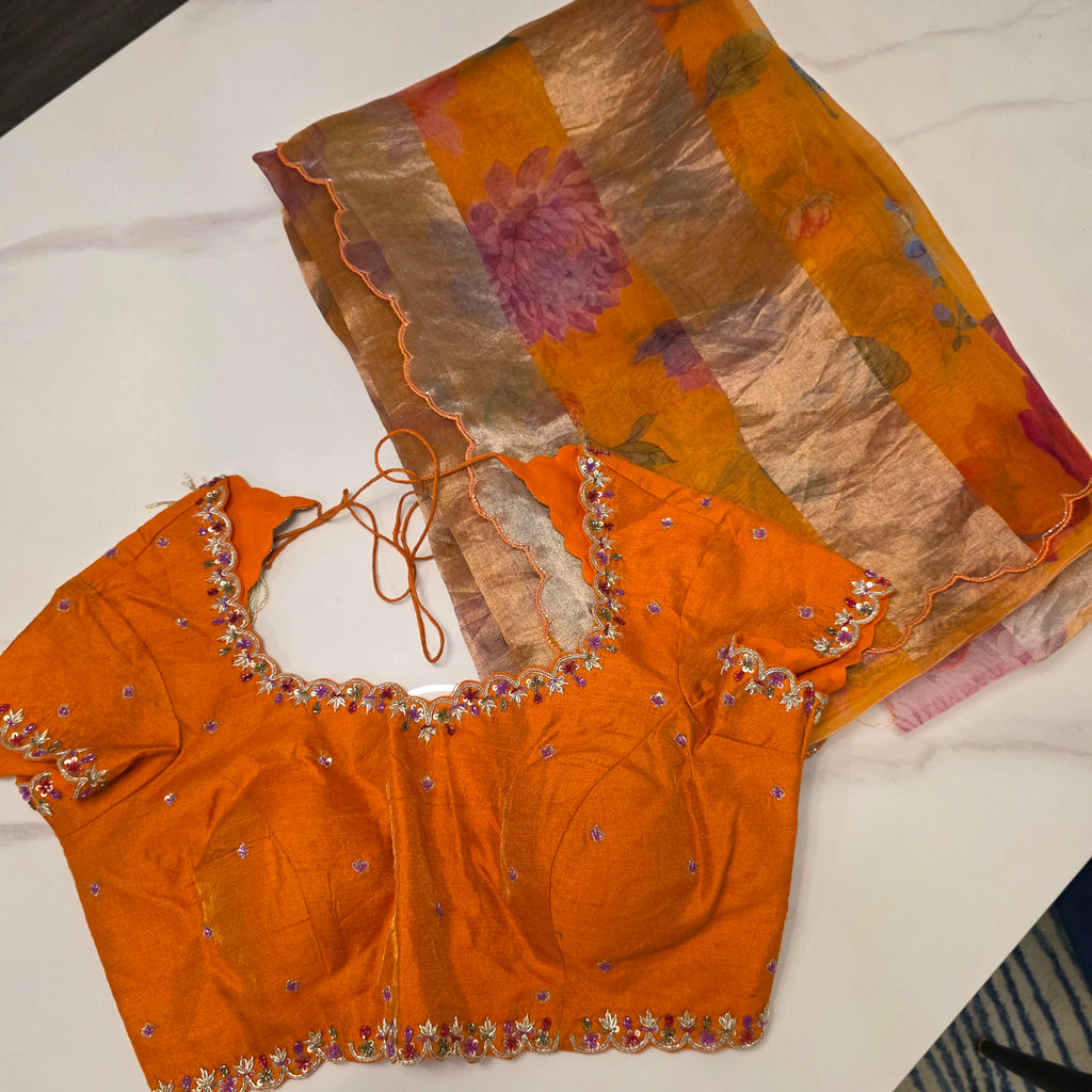 Latest Pure Organza Orange Colour Saree With Stripes with Heavy Blouse