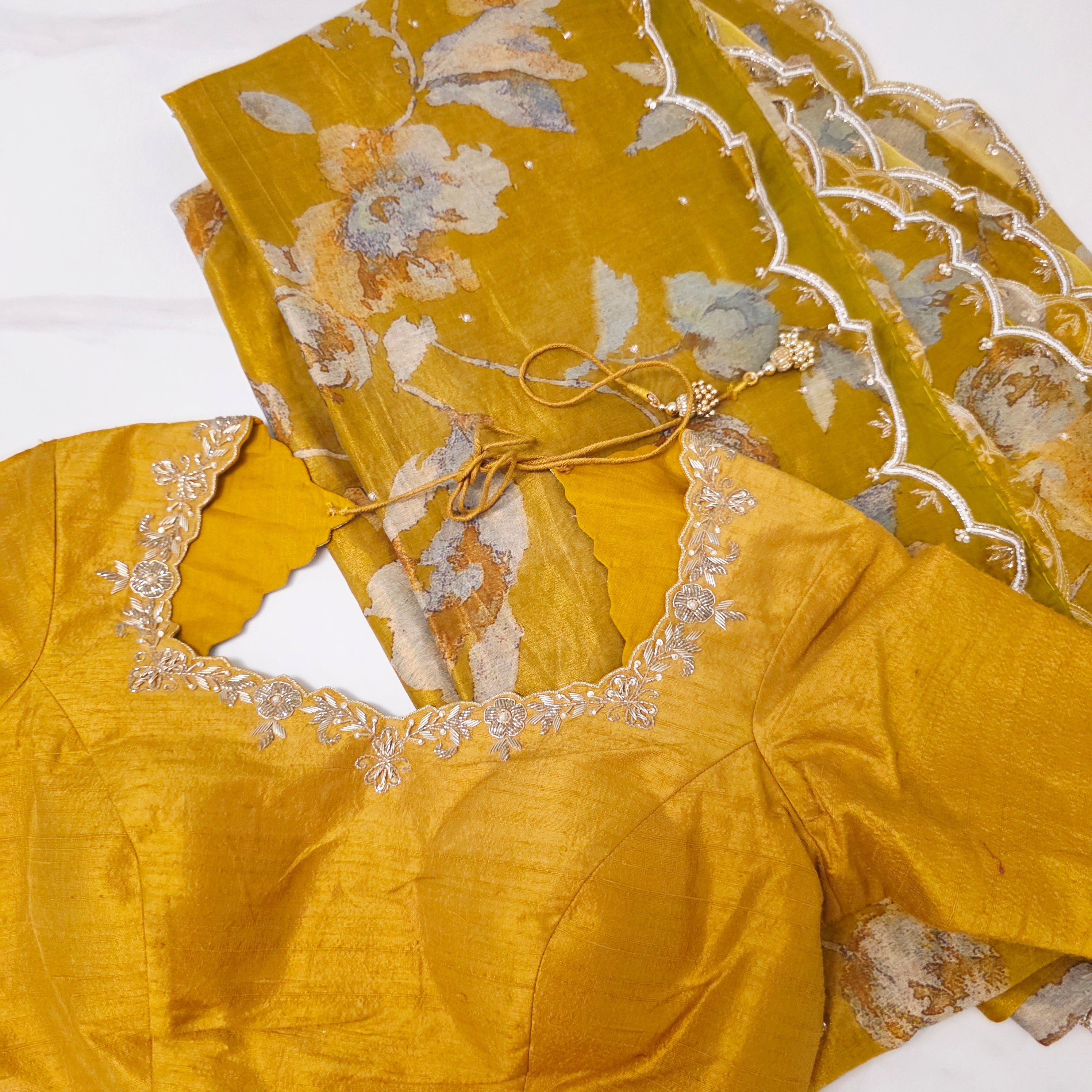 Golden Yellow Pure Tissue Saree with Saree Highlights and Rawsilk Maggam work Blouse