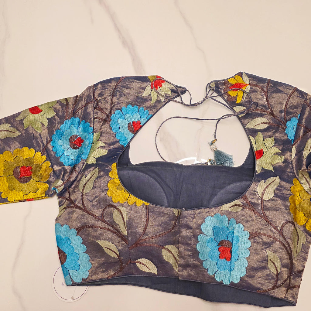 Blue Banaras Saree with Floral Embroidery