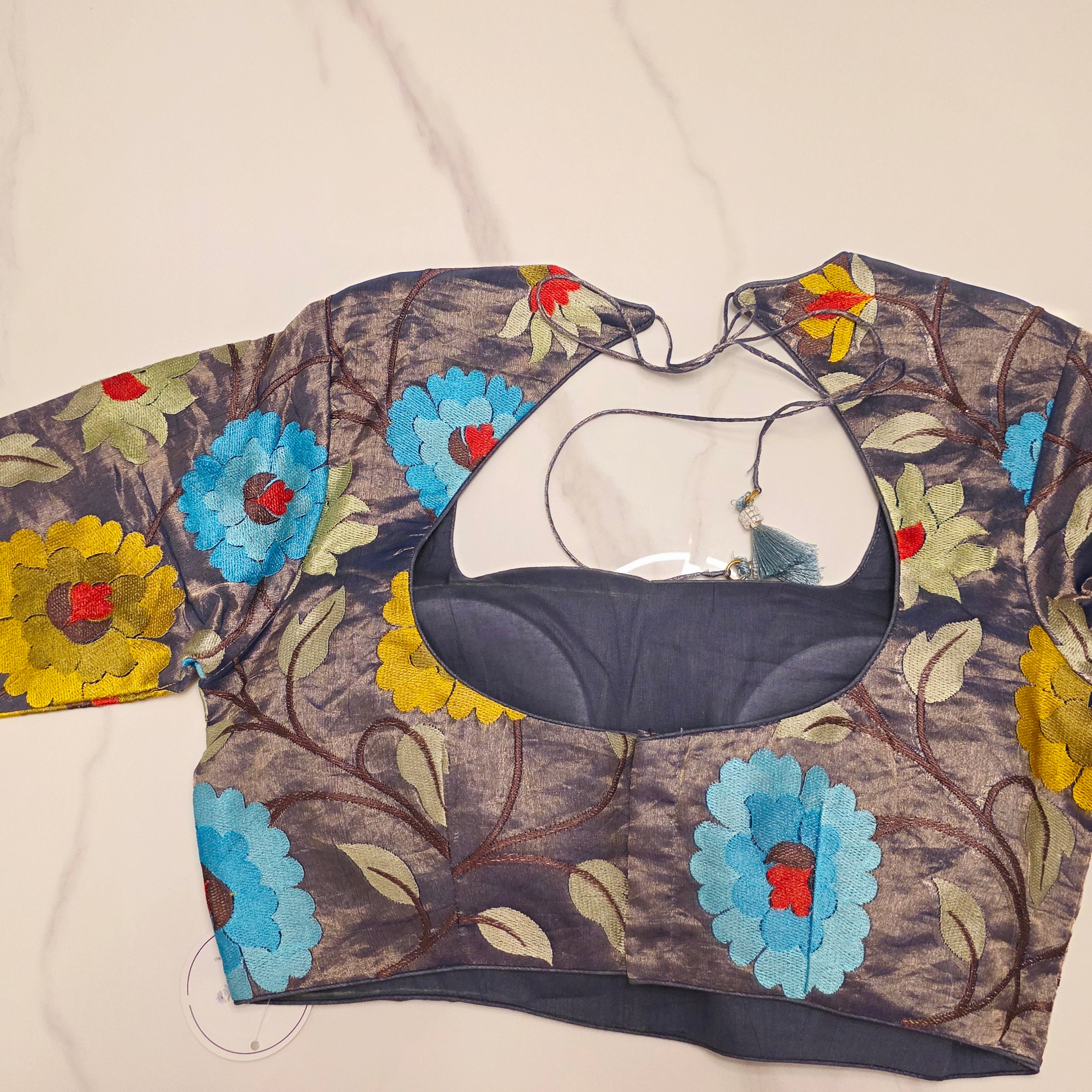 Blue Banaras Saree with Floral Embroidery