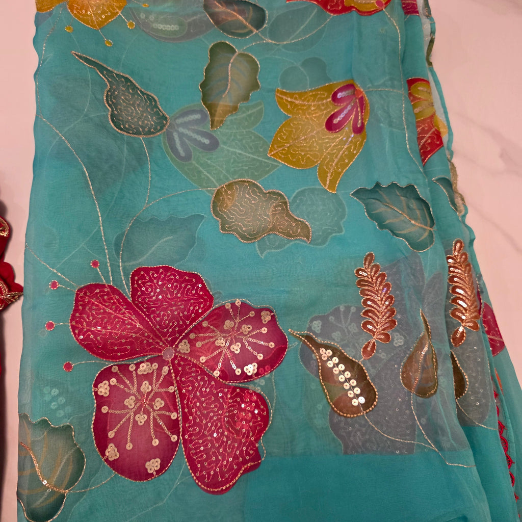 Teal Blue Oraganza Saree -Latest and Trendy with Floral Hibiscus theme paired with cute short sleeve blouse