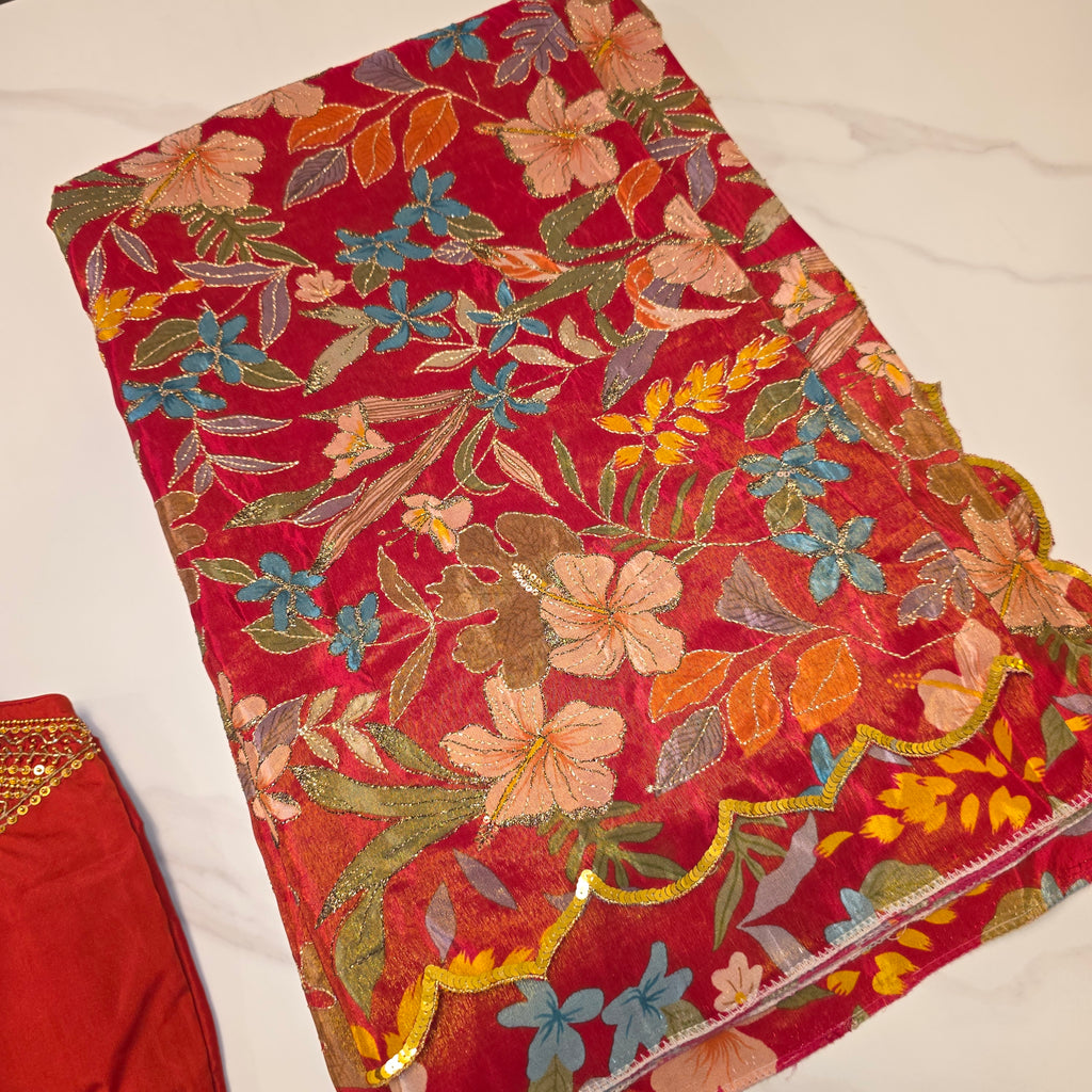 Red Designer Floral Highlited Tissue Georgette Saree and Designer Blouse
