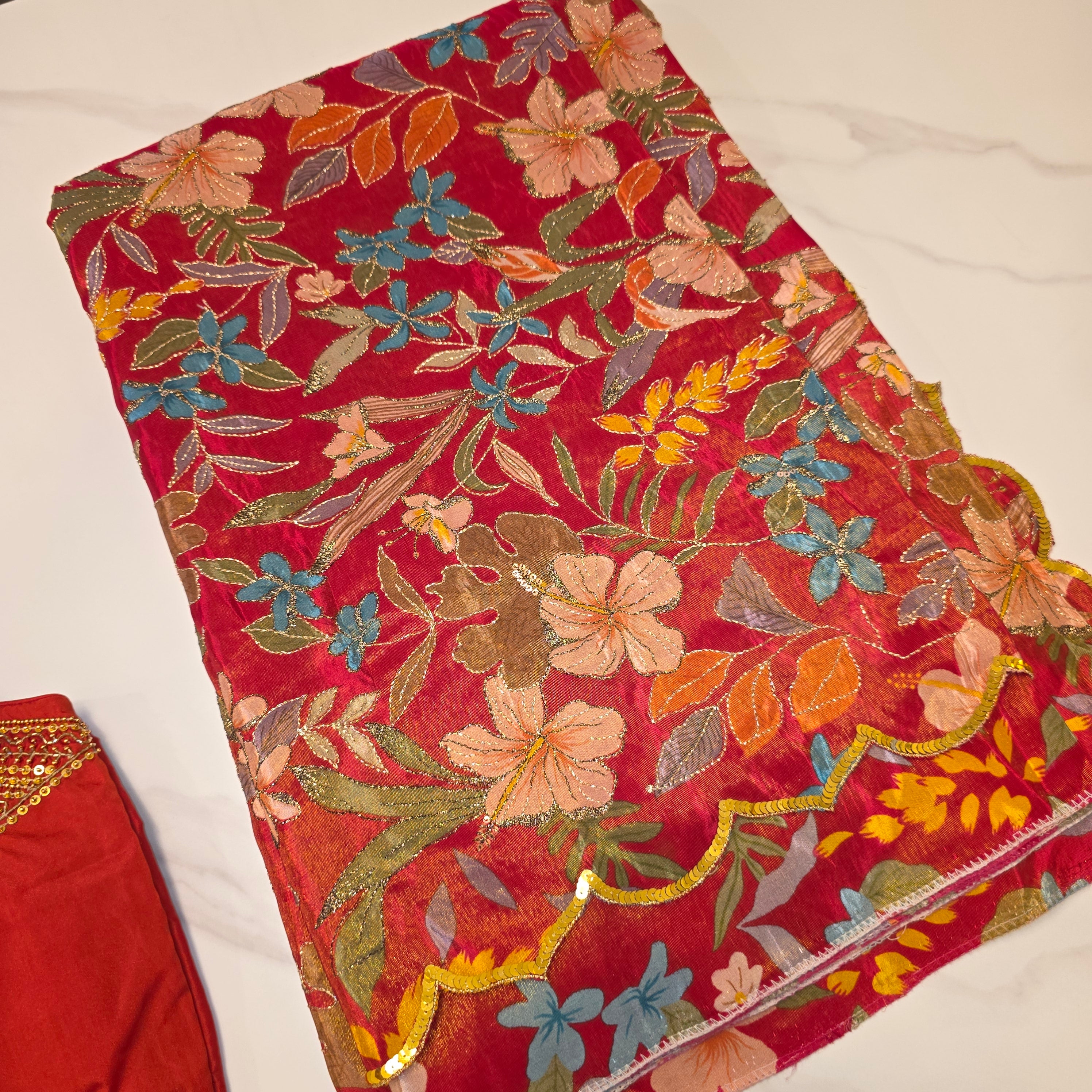 Red Designer Floral Highlited Tissue Georgette Saree and Designer Blouse