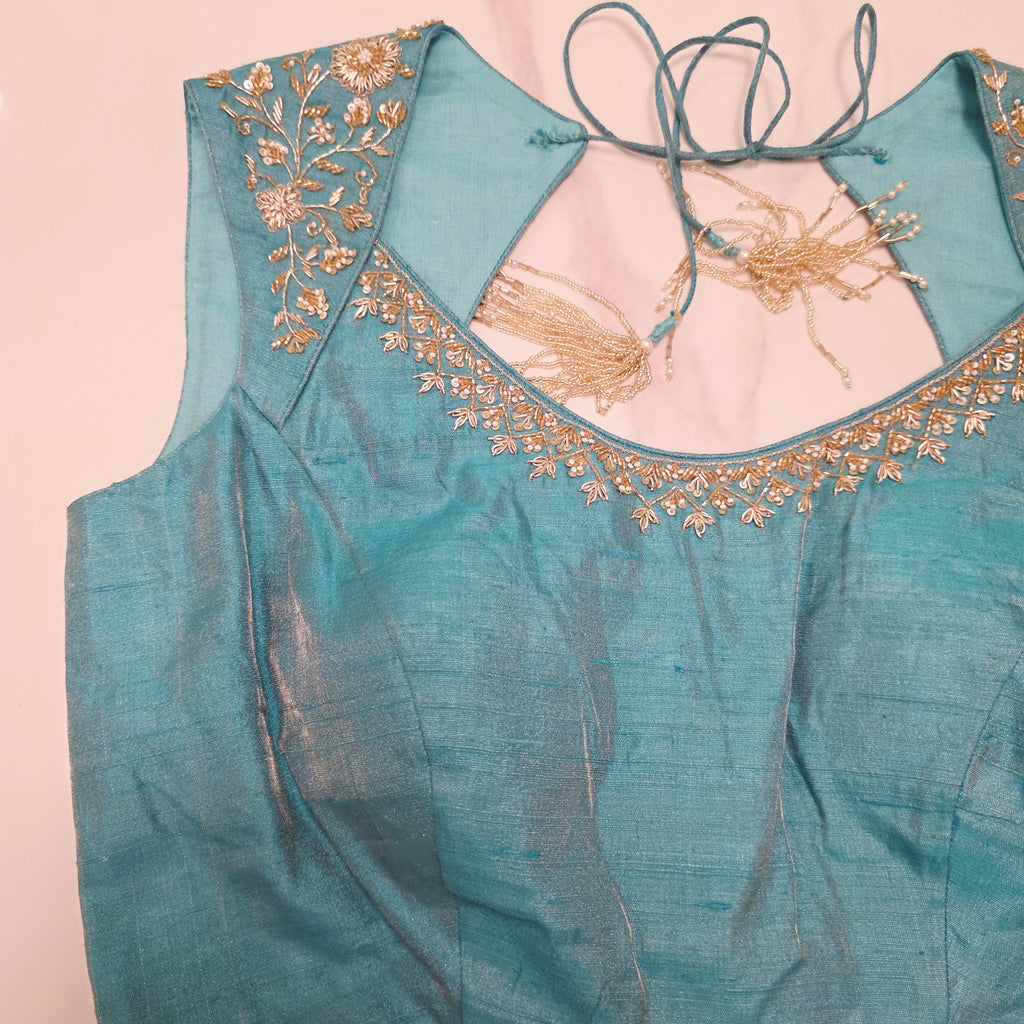 Baby Pink Sequin Georgette Saree With Skyblue Blouse