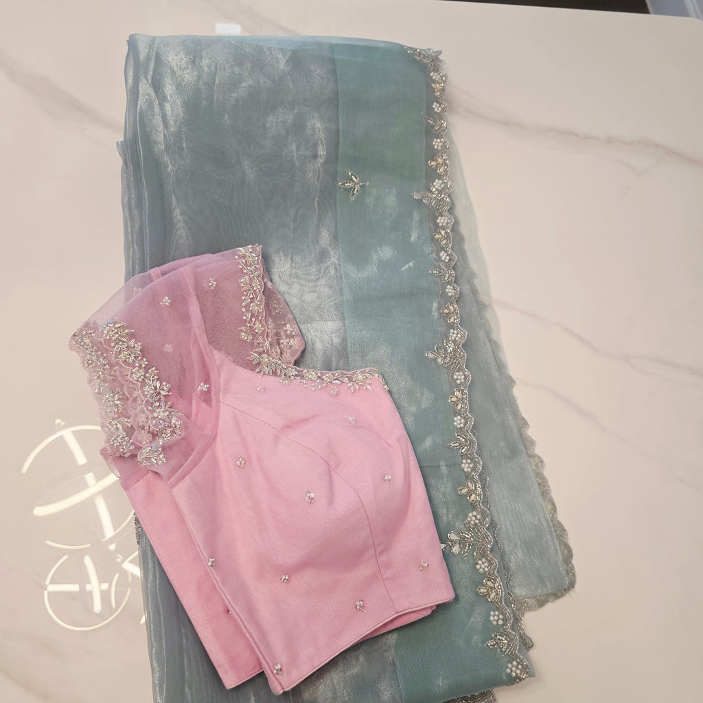 Seagreen Organza Glass Tissue With Mirror Work and BabyPink Net Blouse