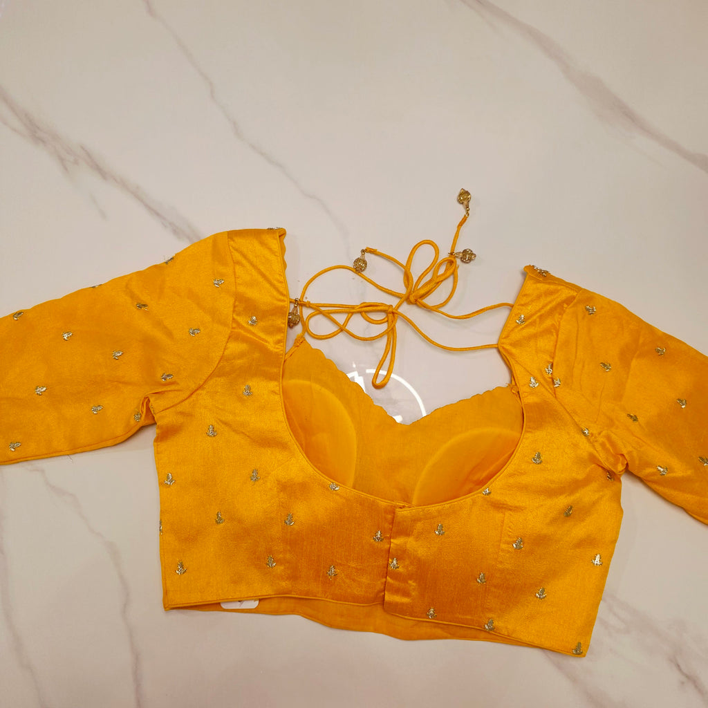 Orange Crape Silk Saree With Yellow Jacket Blouse