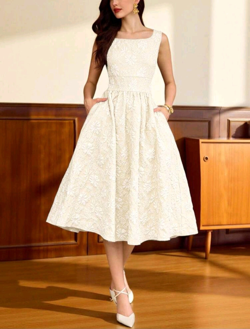 Womens Jaquard Dresses Below the Knee with pocket