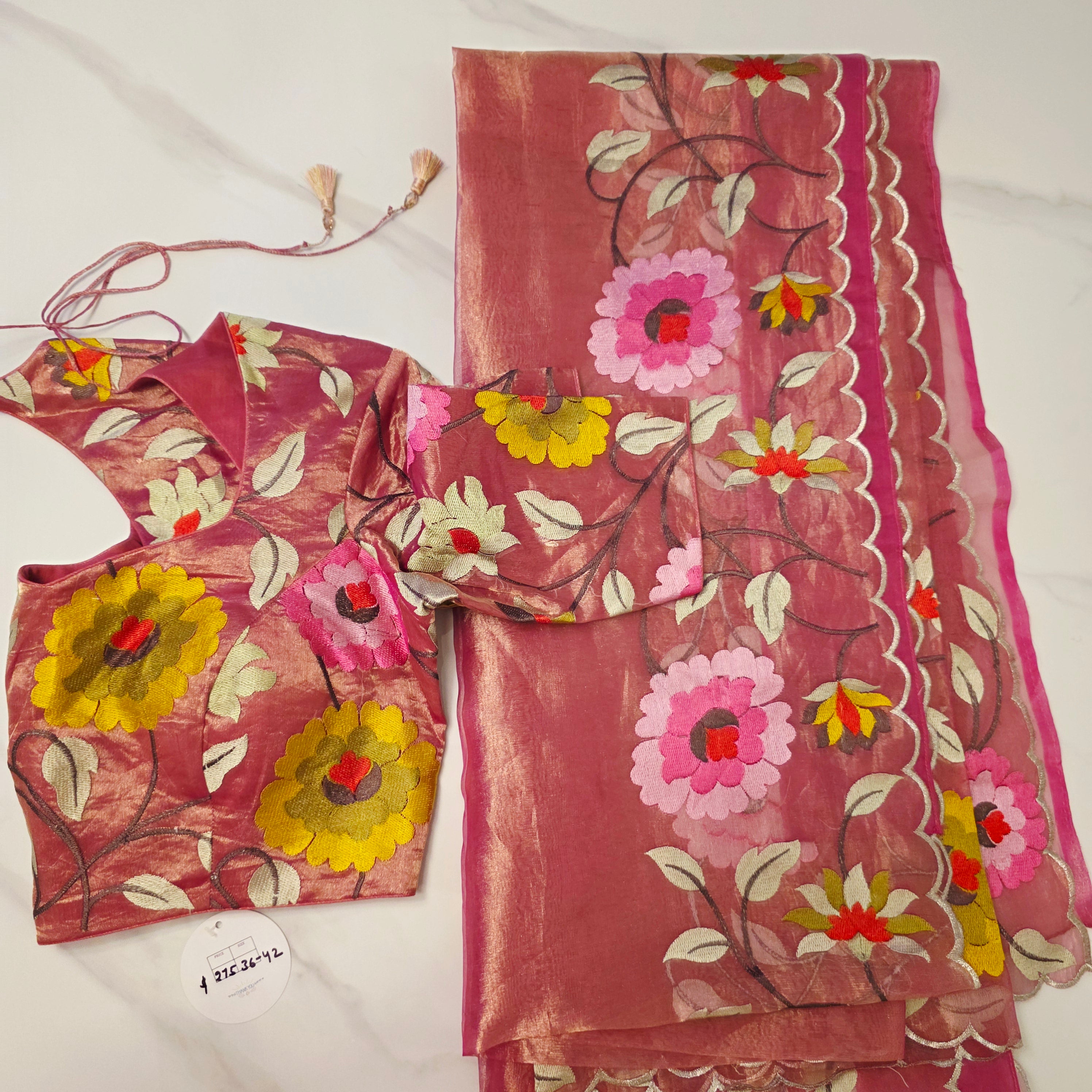 Pink Banaras Tissue Saree With Floral Embroidery