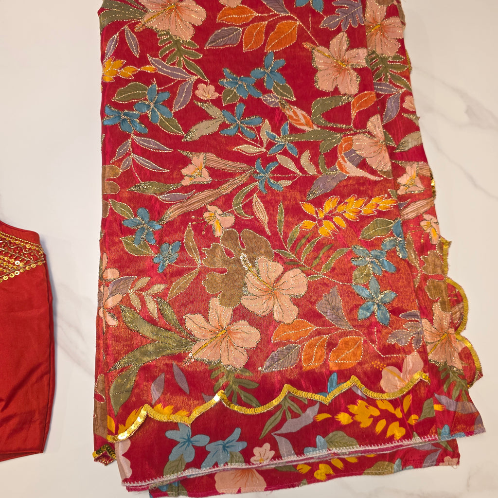 Red Designer Floral Highlited Tissue Georgette Saree and Designer Blouse