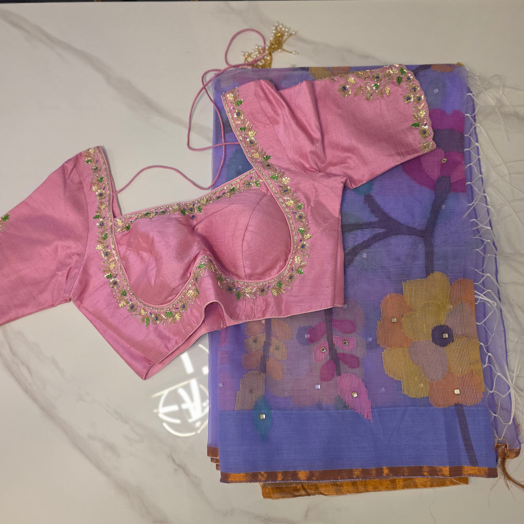 Womens Muslin Jamdani Saree with Kundan Highlights and designer blouse