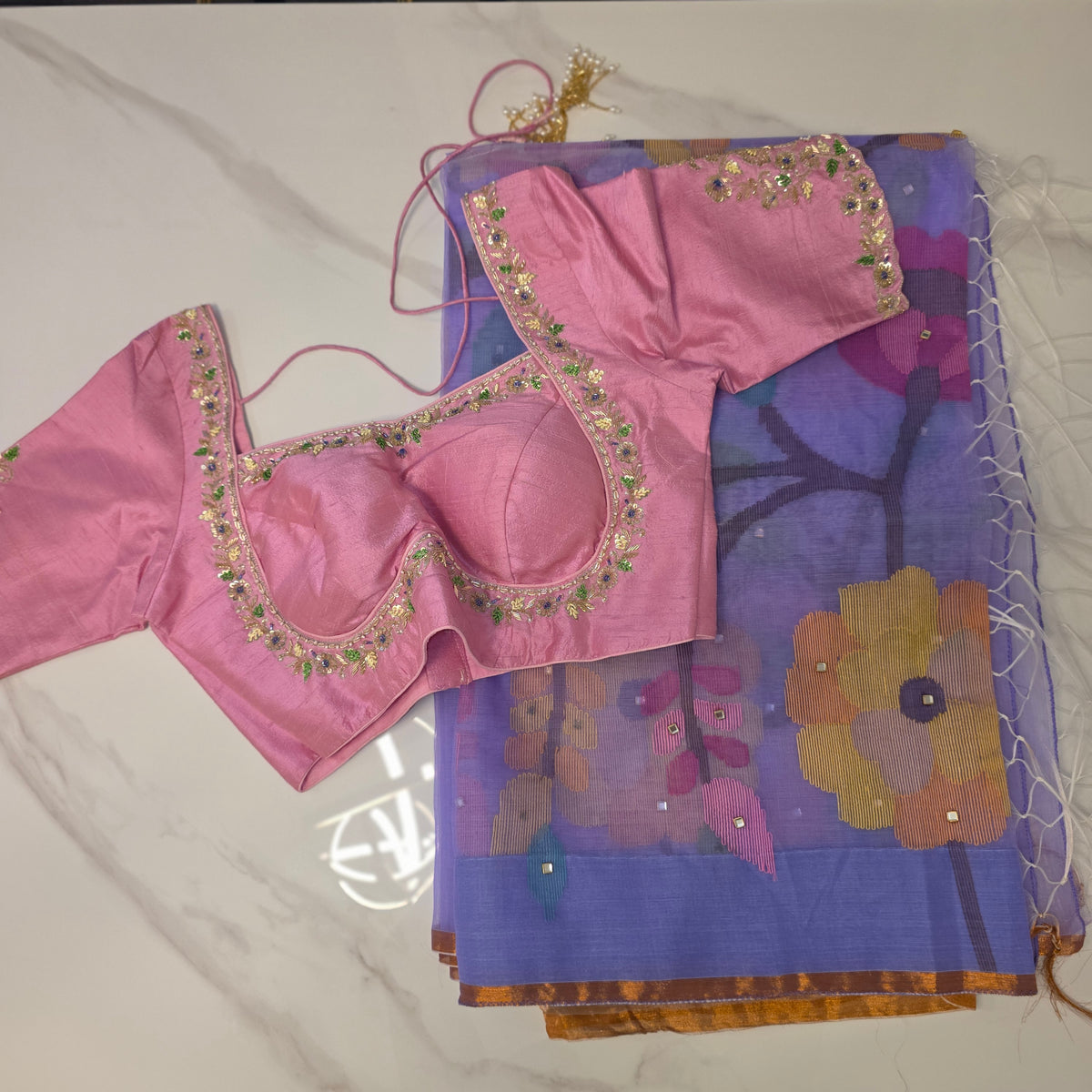 Womens Muslin Jamdani Saree with Kundan Highlights and designer blouse