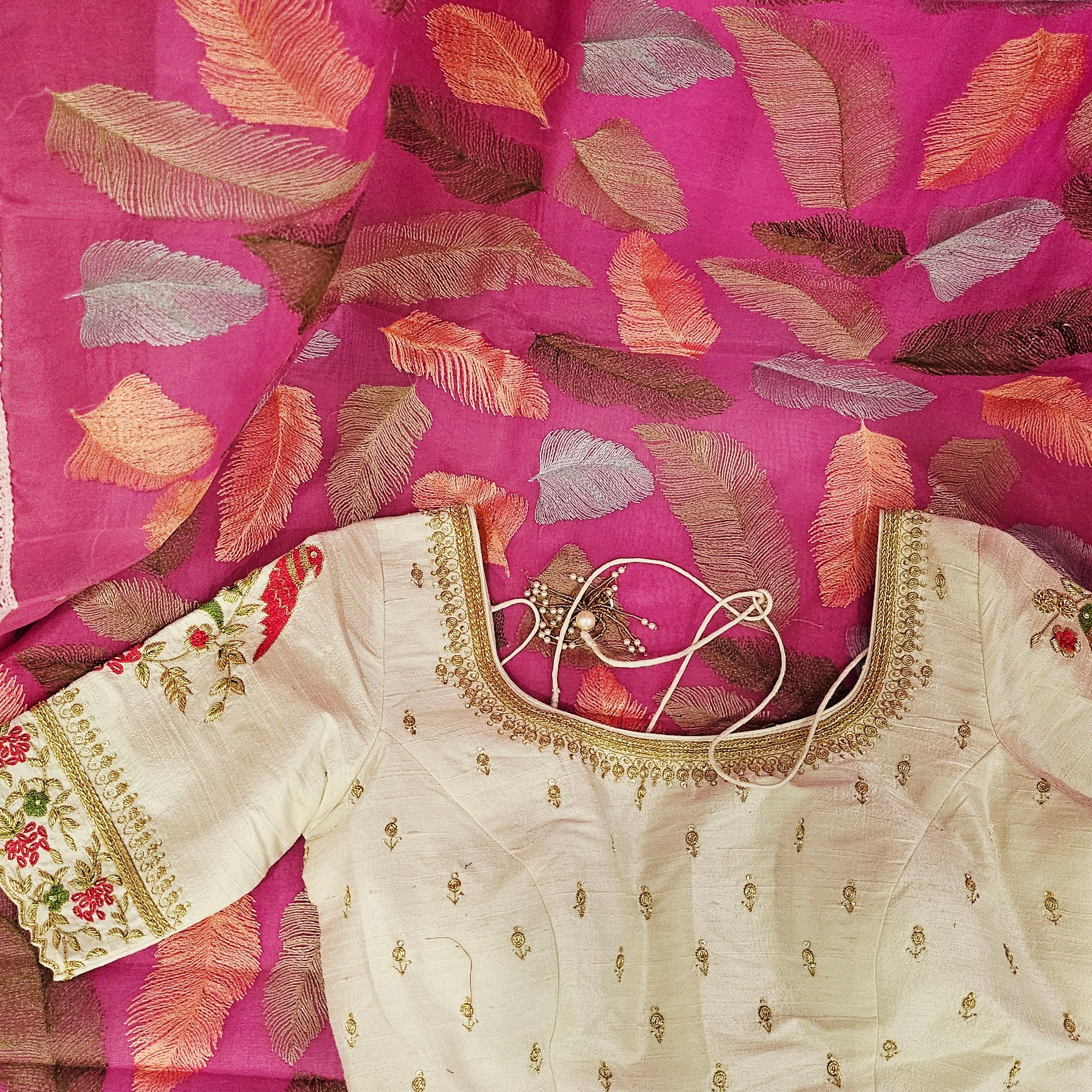 Pink Organza Leaf Embroided Saree with Designer Maggam Work Blouse