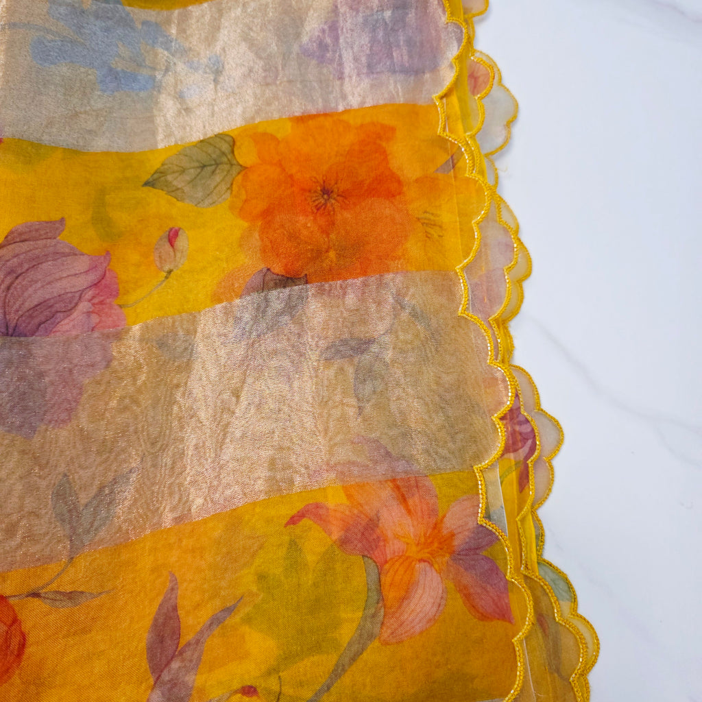 Yellow Premium Organza Stripes Saree with Rawsilk Designer Blouse