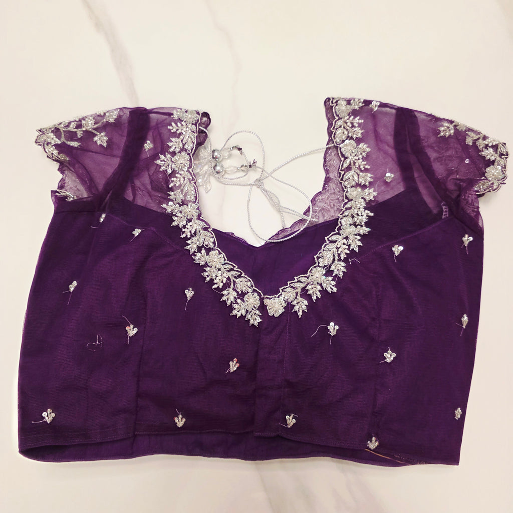 Violet Viscious Organza Stripes Saree With Leaf pattern mottifs paired with Net designer blouse