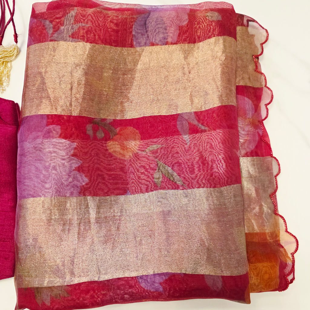 Latest Trendy Pure Organza Stripes Saree in Red Colour paired with Cute Blouse