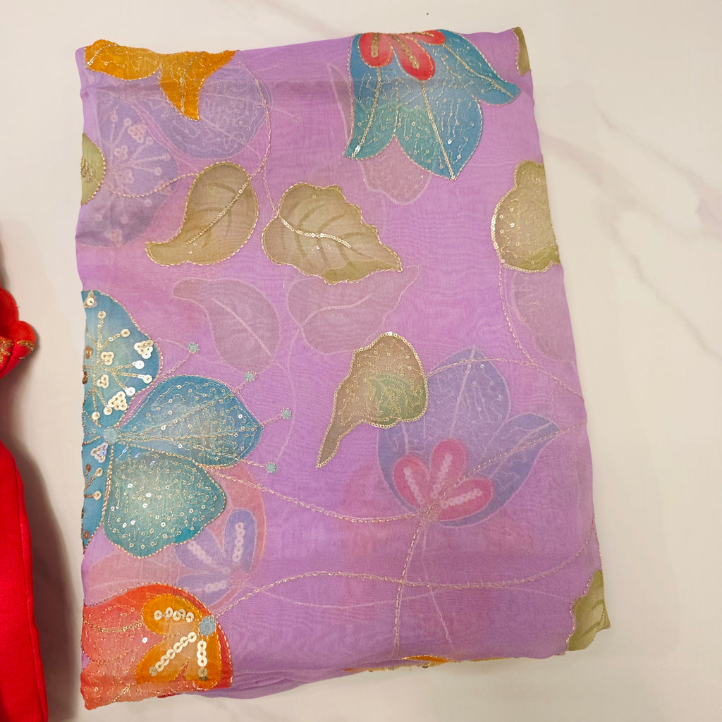 Purple Latest and Trendy Saree with Floral Hibiscus theme in paired with cute short sleeve blouse