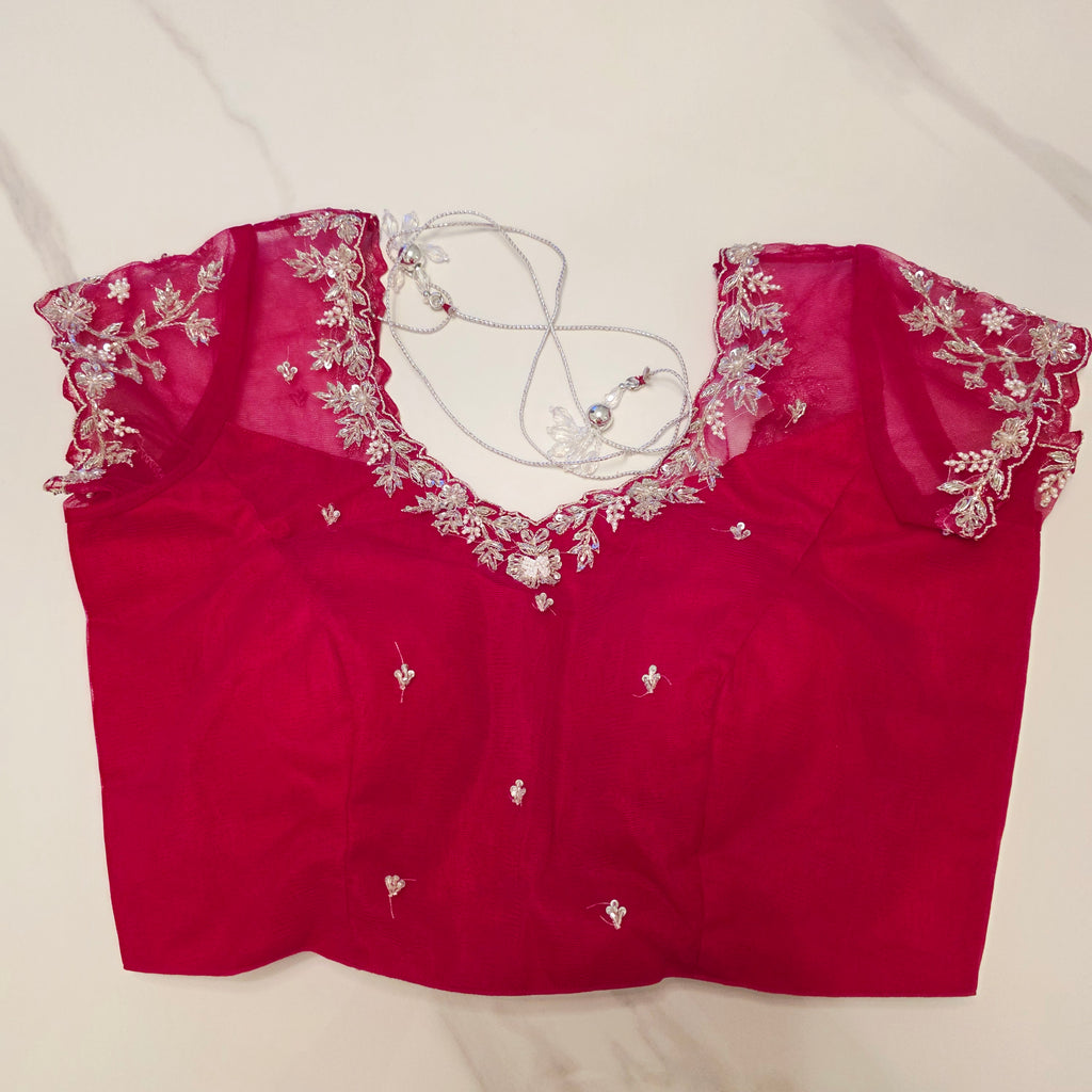 Hotpink Viscious Orgamza Stripes Saree with Net designer blouse