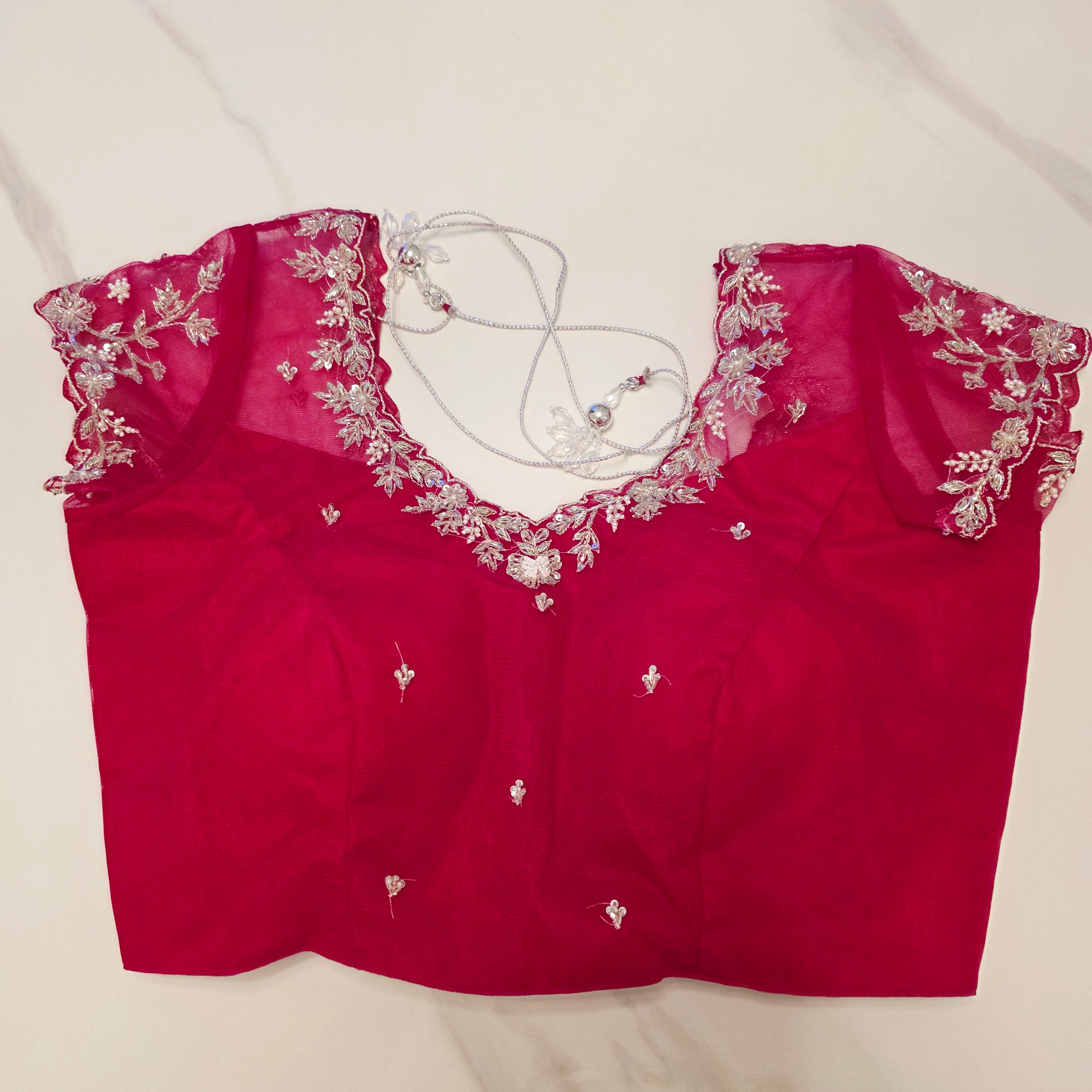 Hotpink Viscious Orgamza Stripes Saree with Net designer blouse